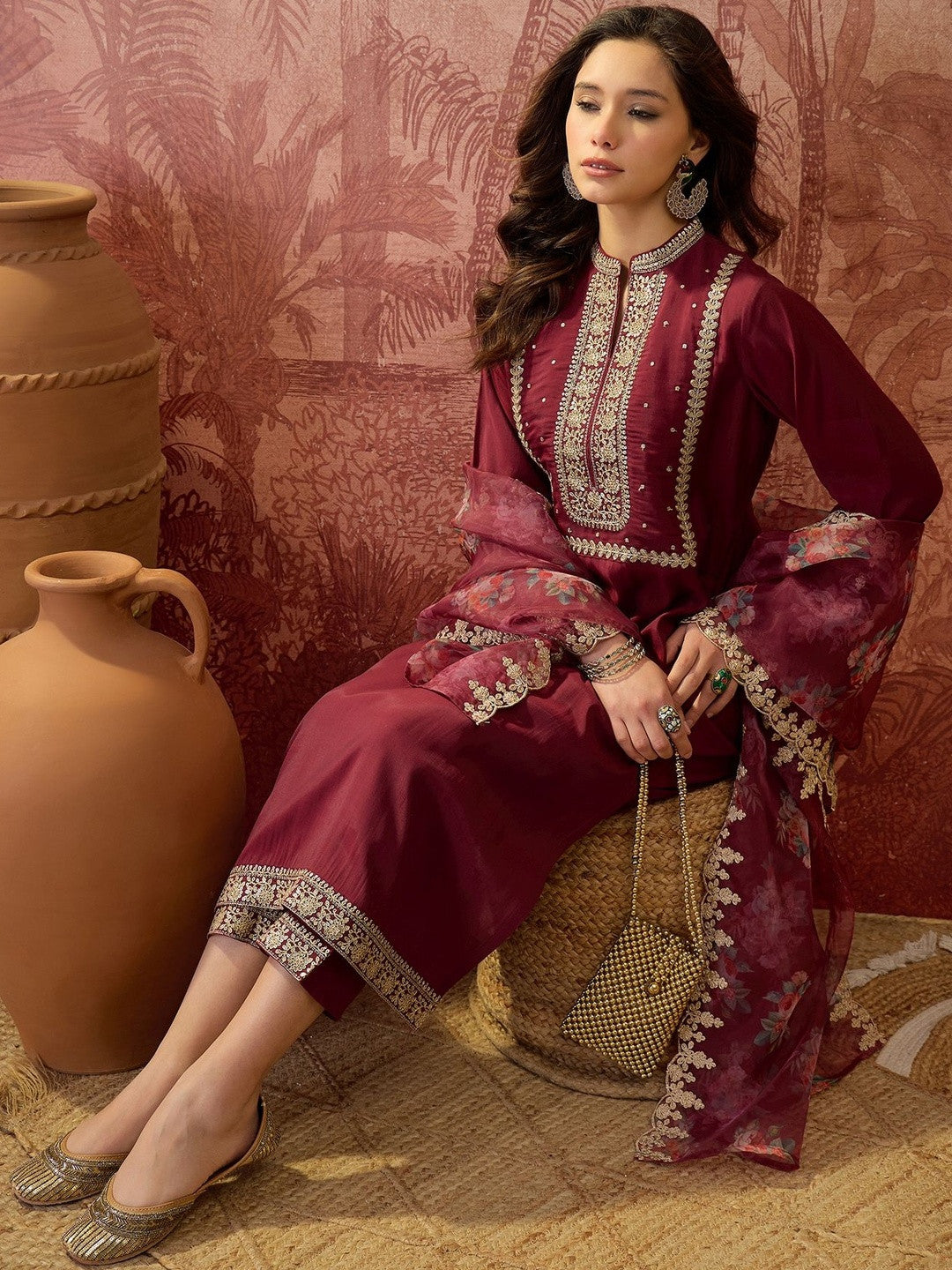 Embroidered Mandarin Collar Kurta & Trousers Kurta Set