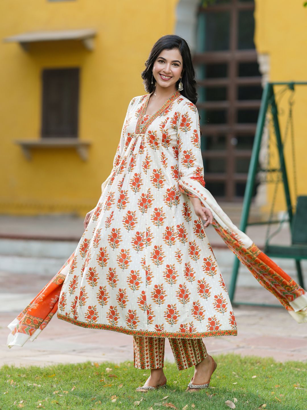 Dhiyona RR Women's Floral Printed Thread Work Pure Cotton Kurta With Trousers & Dupatta