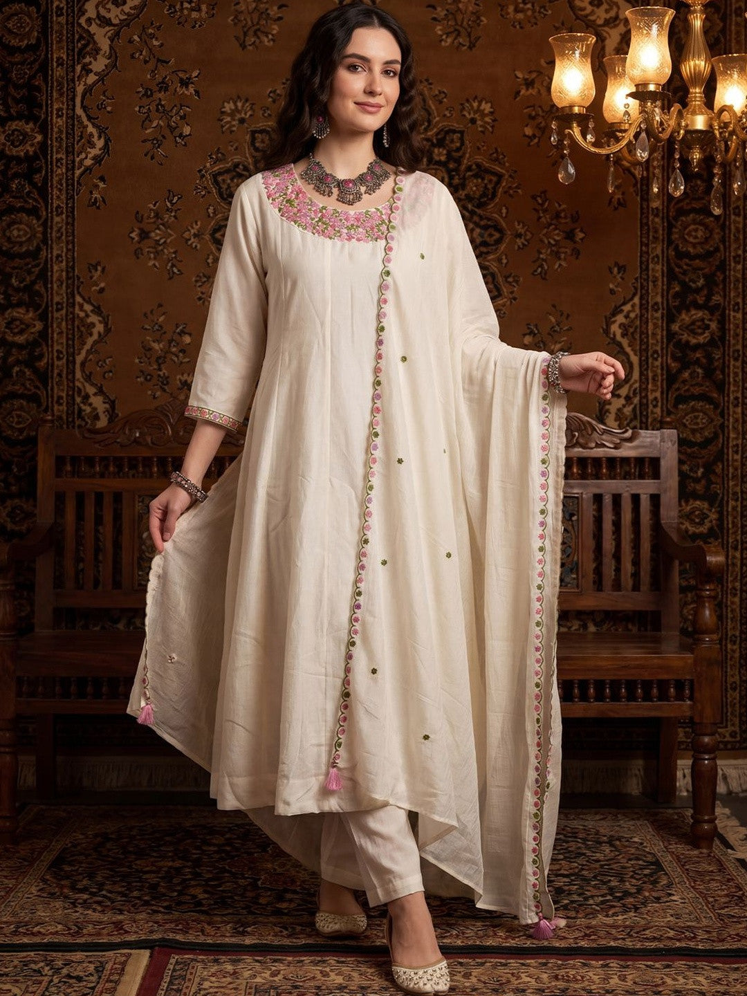 Women Ethnic Motifs Embroidered Regular Thread Work Kurta with Trousers & With Dupatta