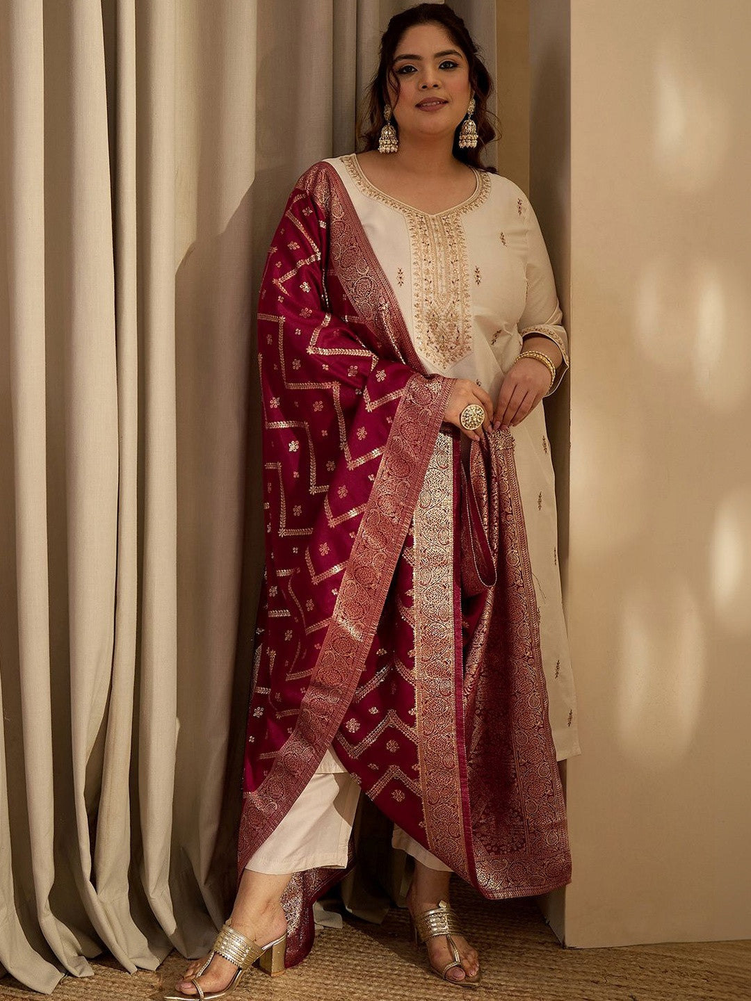 Plus Size Ethnic Embroidered Regular Kurta with Trousers & With Dupatta