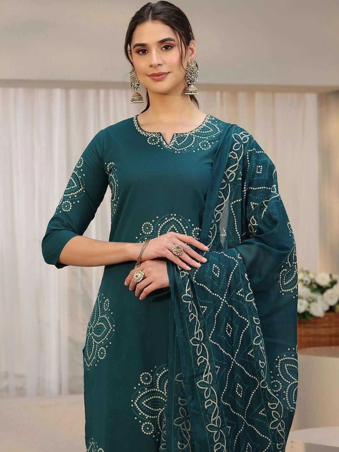 Teal Green Bandhani Printed Cotton Straight Suit Set
