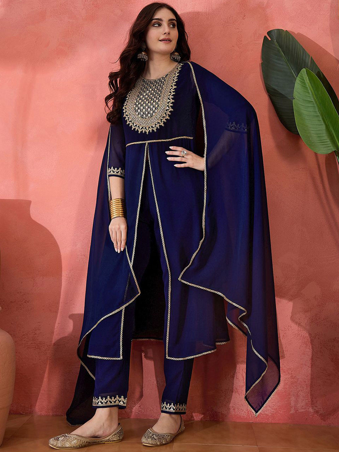 Zari Sequence Cording Embroidered Front Slit Kurta With Trousers & Dupatta