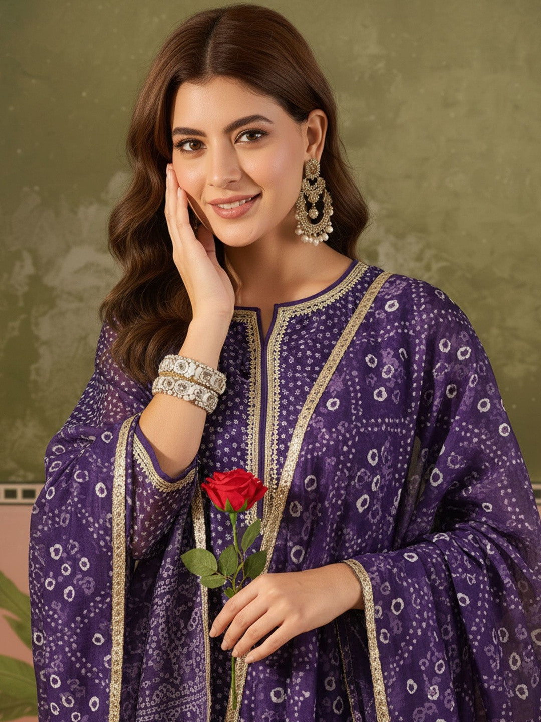 Printed Round Neck Kurta & Trousers With Dupatta