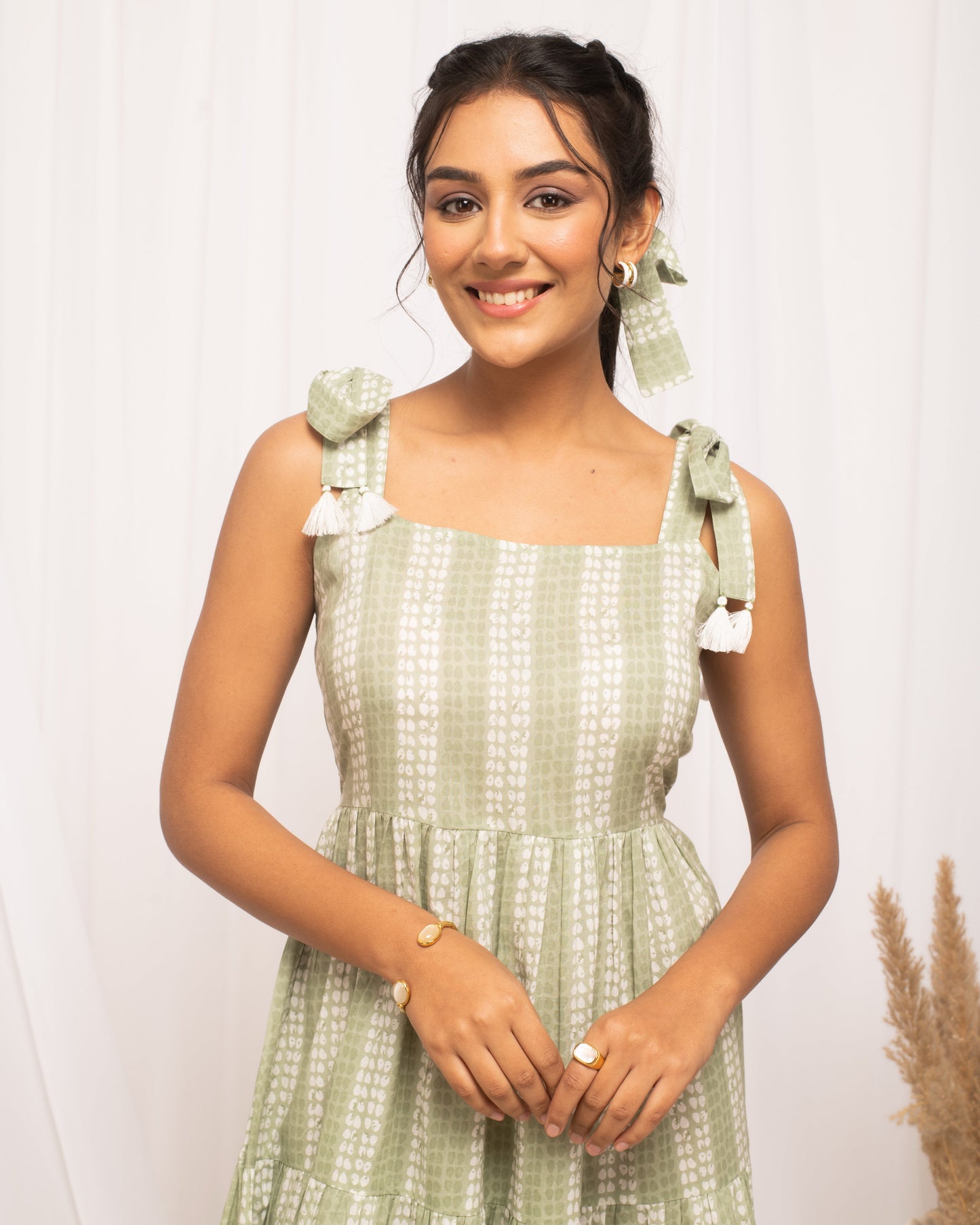 Women's Green Cotton Printed Dress