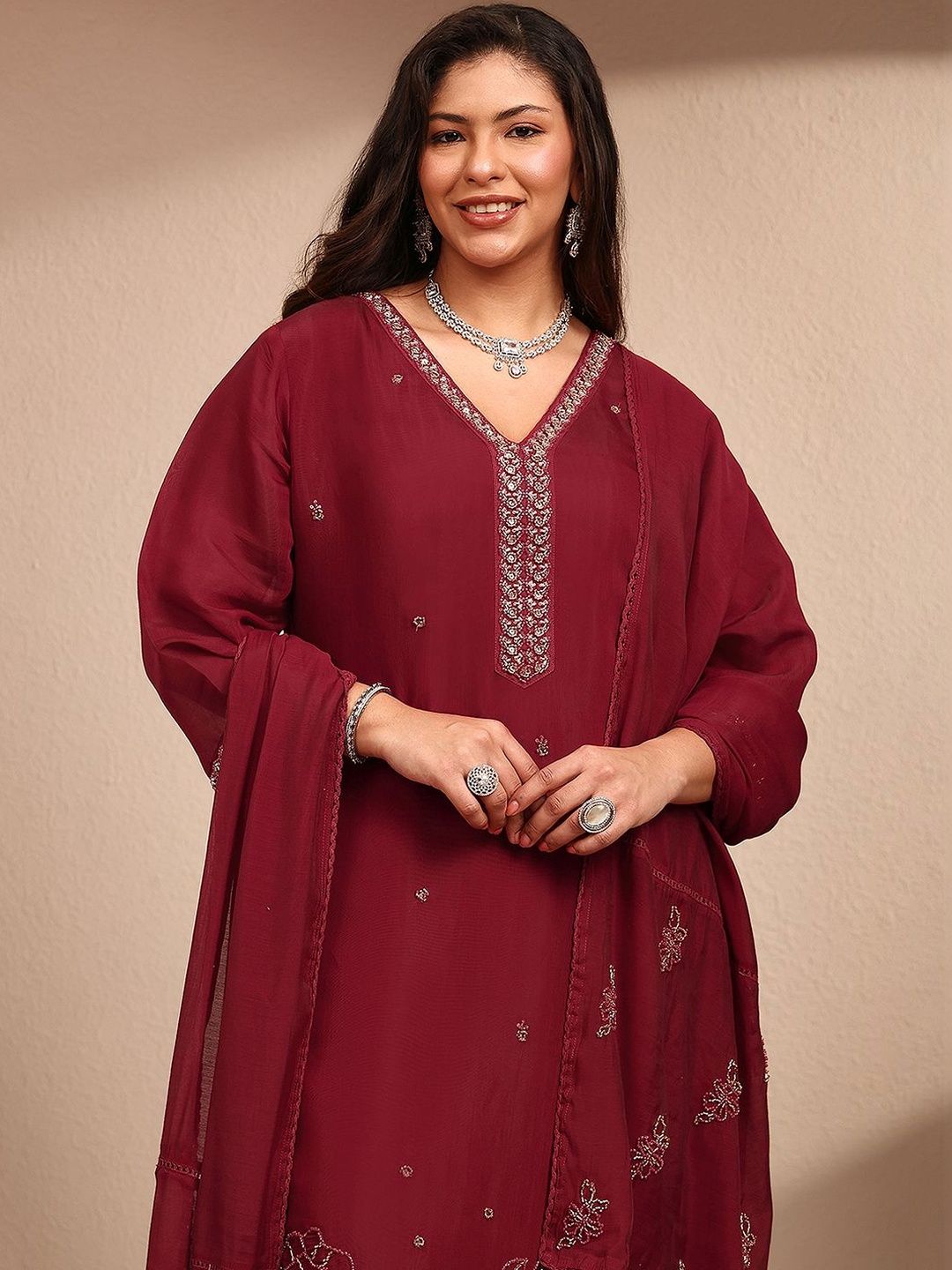 Dhiyona Women's Ethnic Motifs Embroidered Thread Work Kurta with Trousers & Dupatta