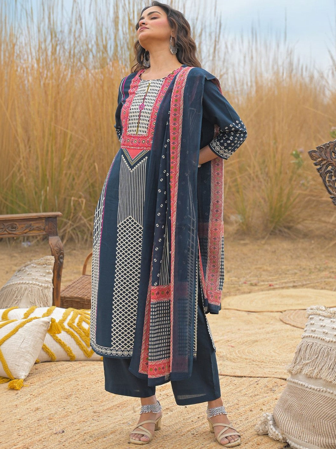 Navy Blue Printed Straight Kurta Trousers Dupatta Set Kurta Sets