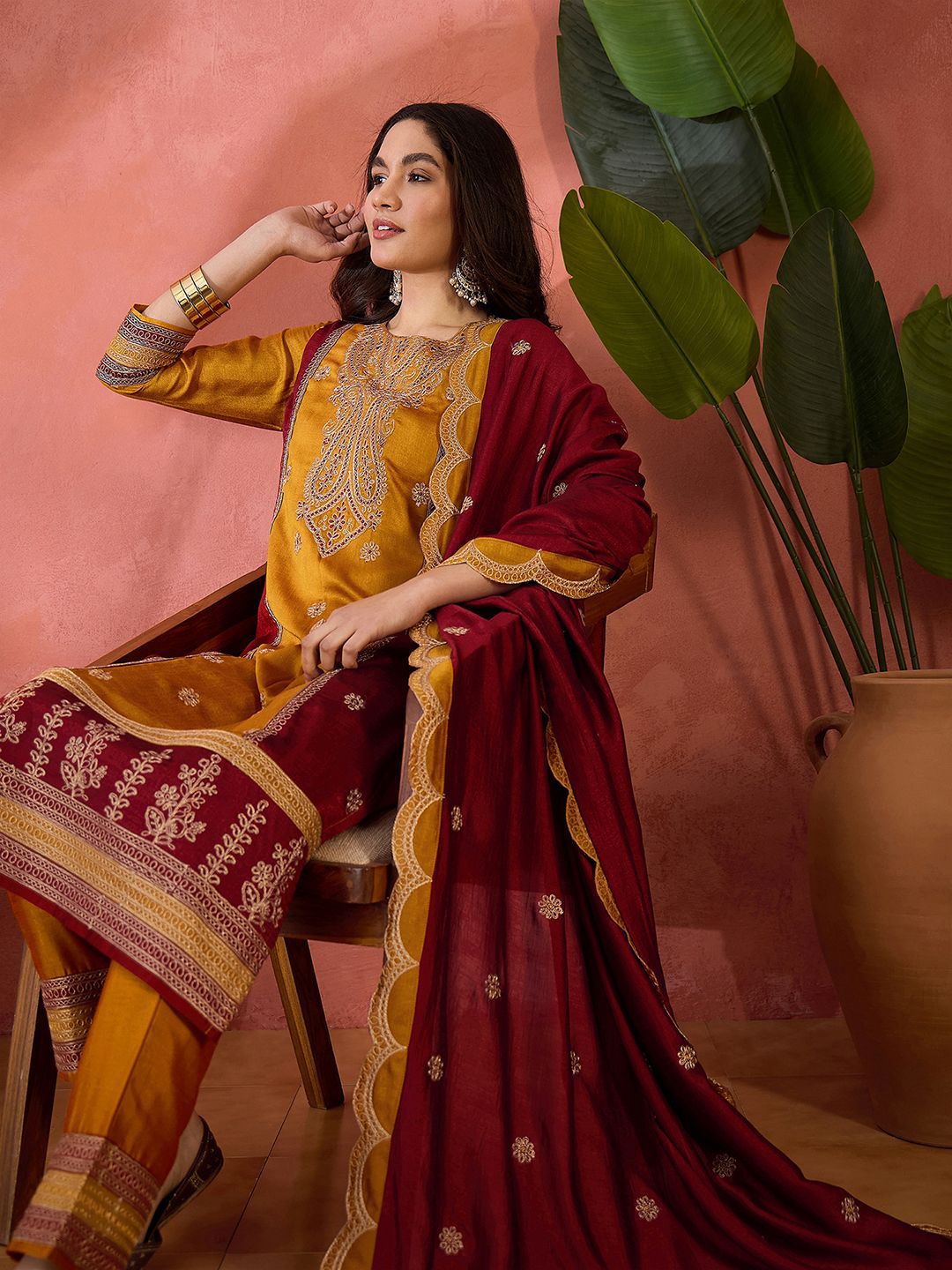 Dhiyona SN Vichitra Zari Sequence Embroidered Kurta With Trousers & Dupatta