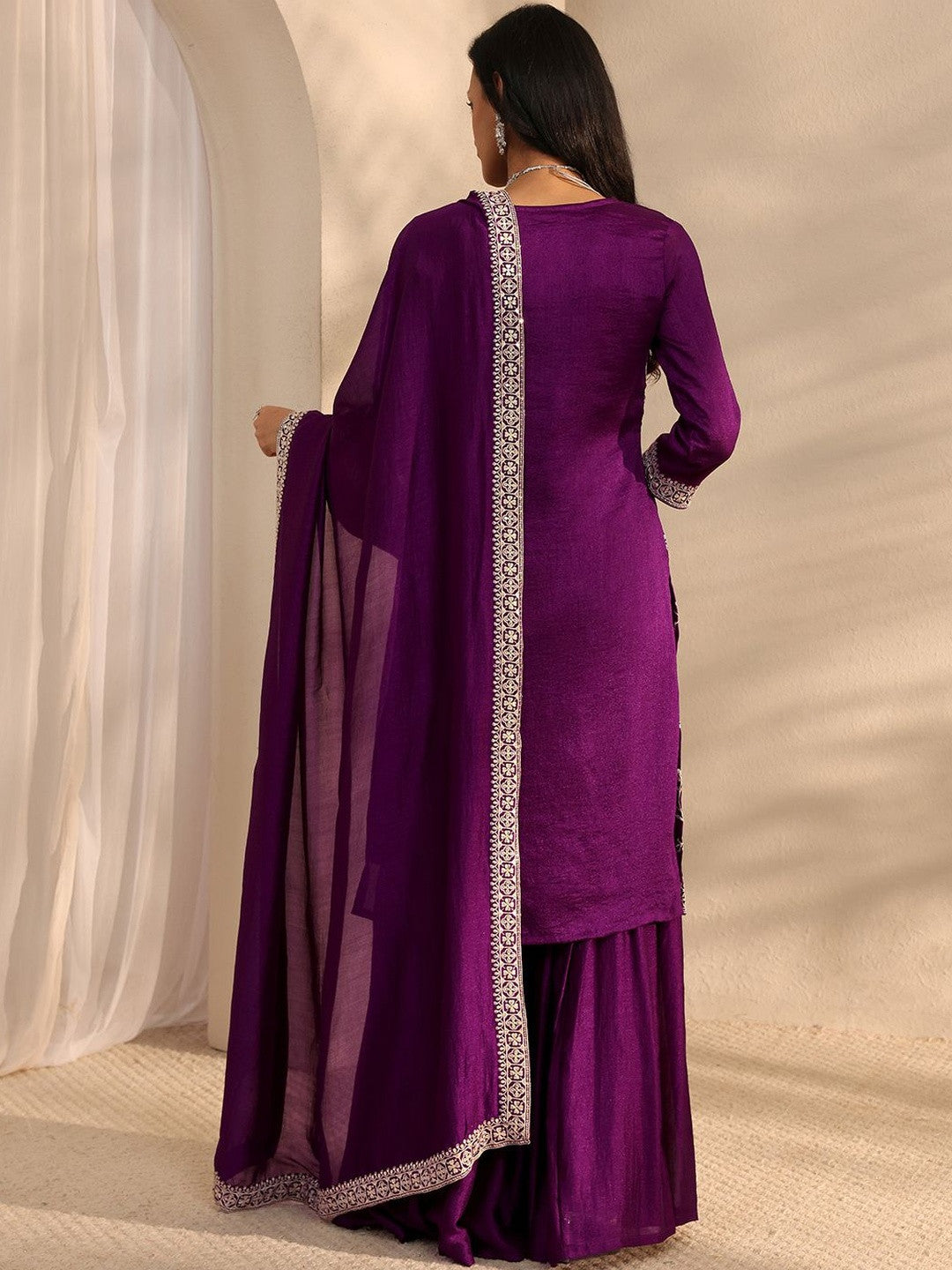 Purple Embroidered Sharara Suit Set with Dupatta