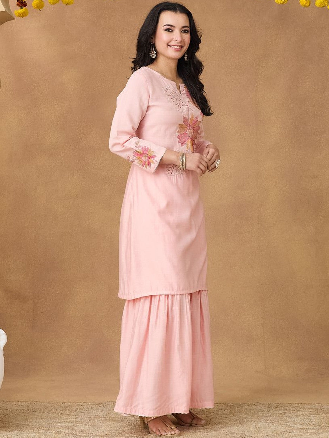Embroidered Round Neck Kurta & Sharara With Dupatta