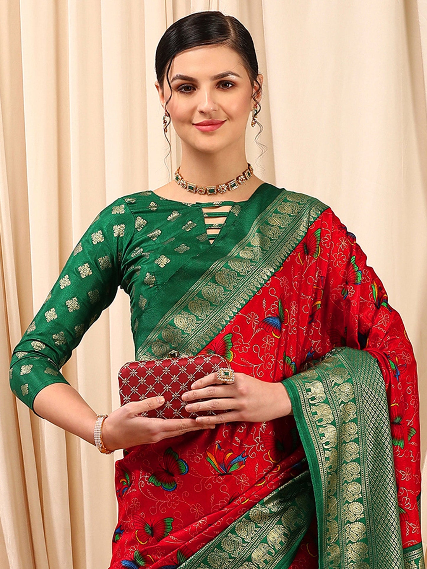 Women's Cotton Blend Red Printed Designer Saree With Blouse Piece