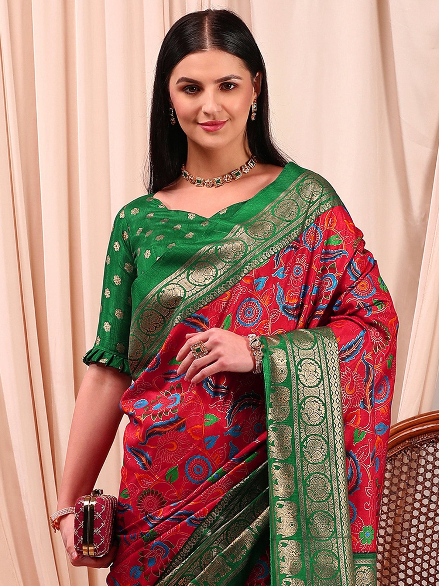 Women's Cotton Blend Red Printed Designer Saree With Blouse Piece
