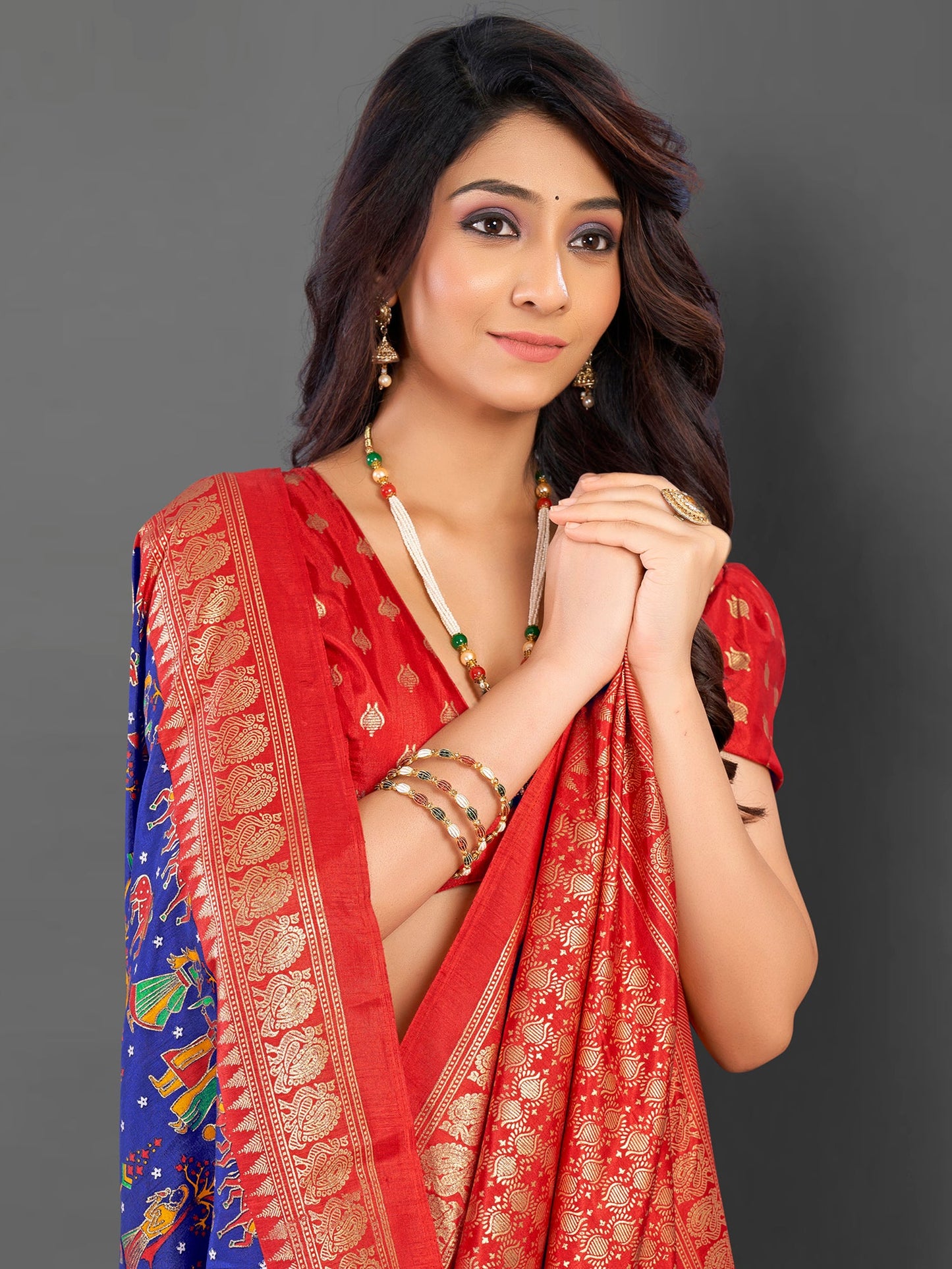 Women's Cotton Blend Blue Printed Designer Saree With Blouse Piece
