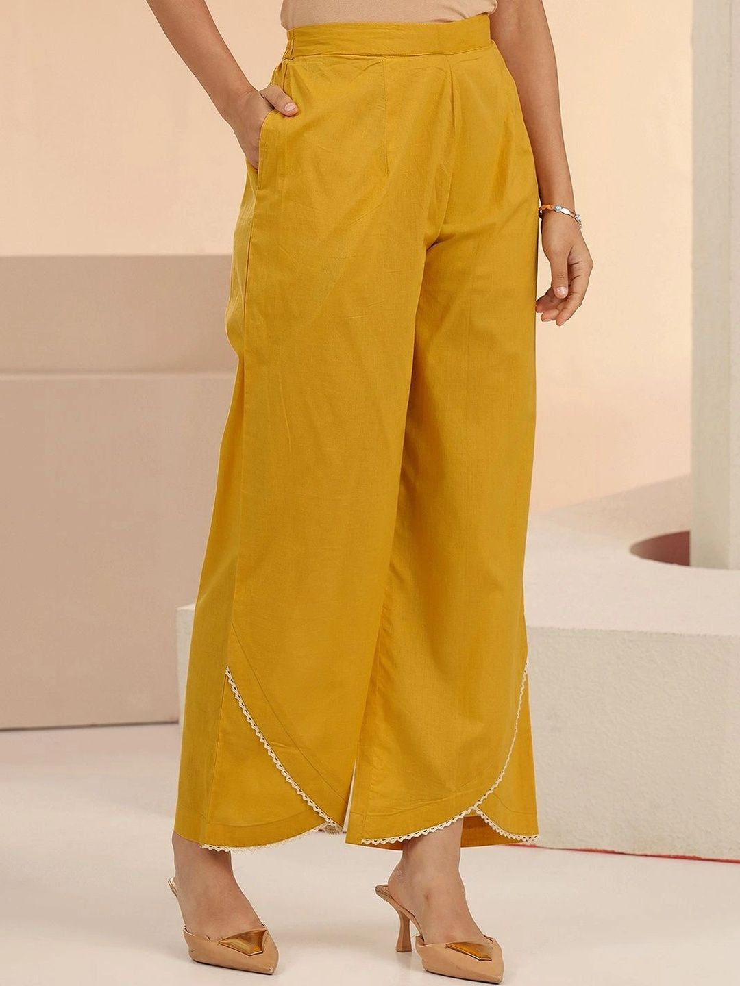 Mustard Floral Embridered Cotton Straight Suit Set