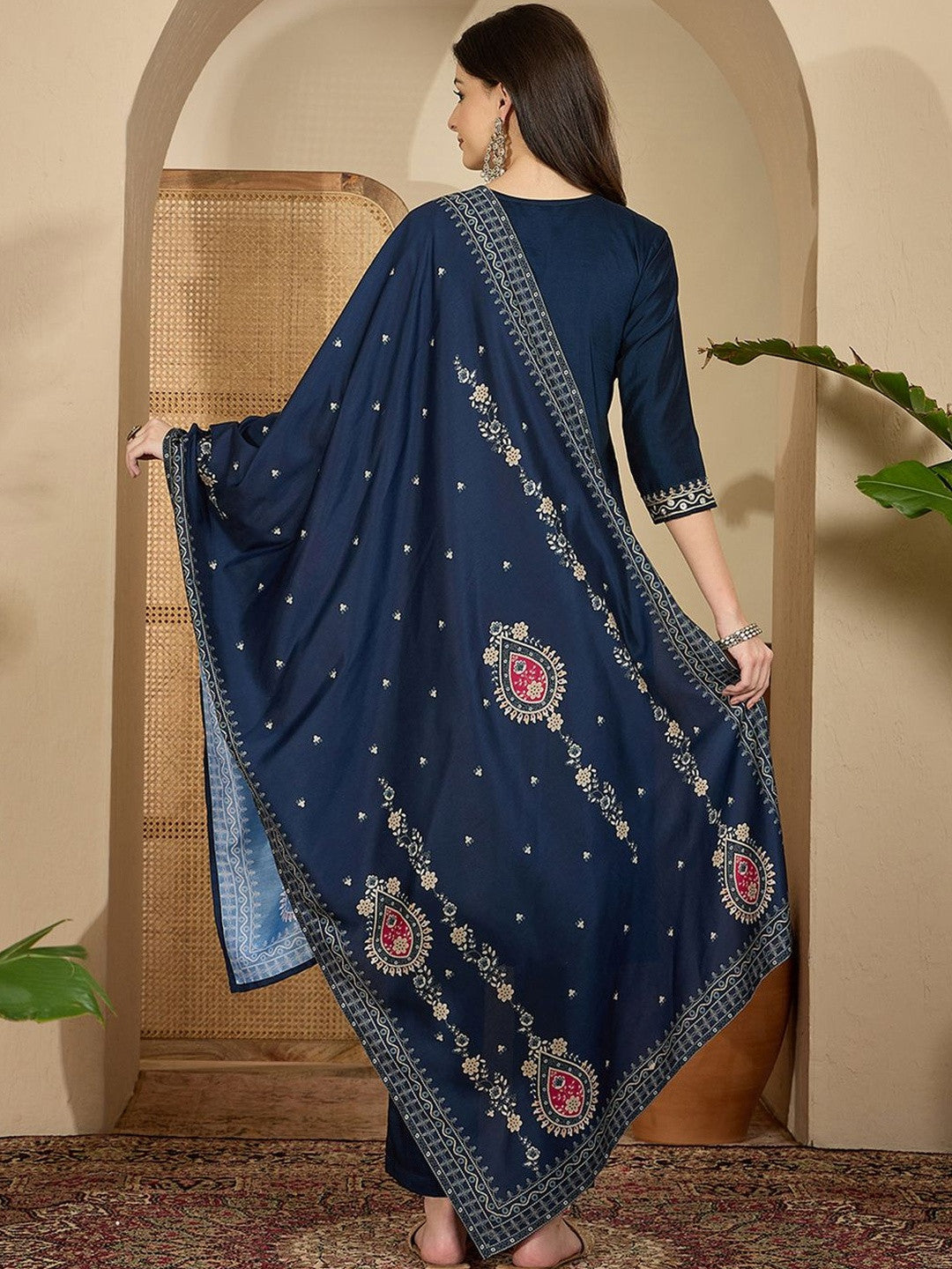 Embroidered V- Neck Straight Kurta & Trousers With Dupatta