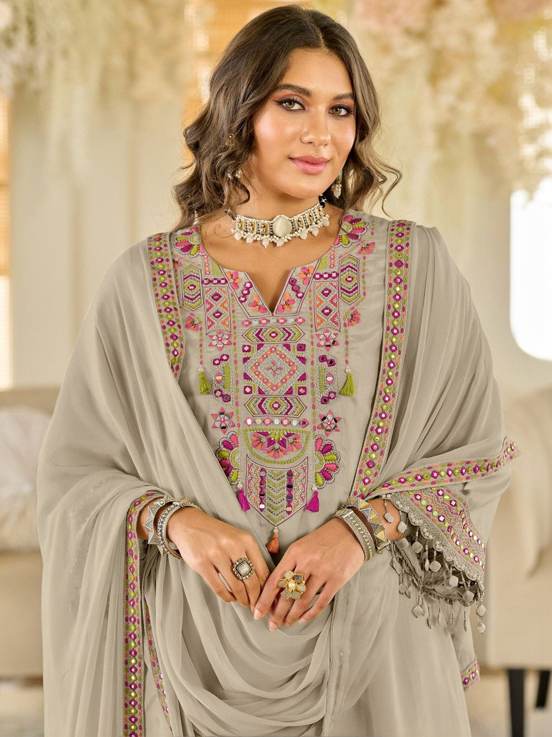 Women Ethnic Motifs Embroidered Panelled Beads and Stones Kurta with Salwar & With Dupatta