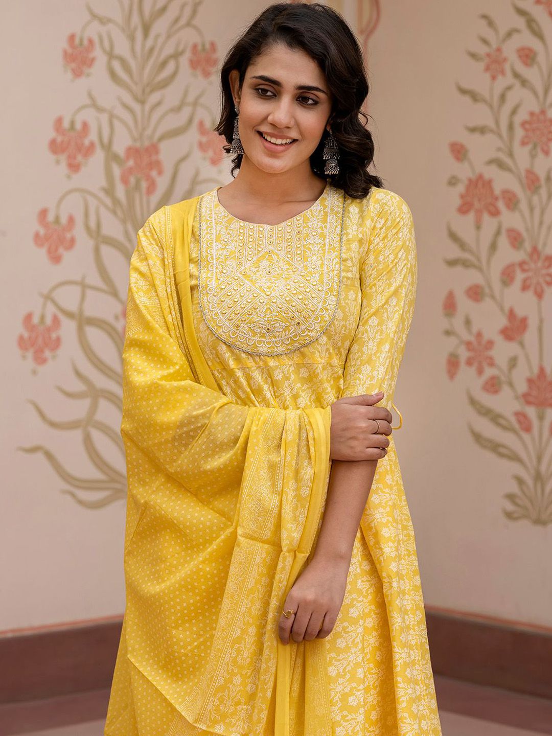 Dhiyona KL Floral Printed Mirror Work Anarkali Pure Cotton Kurta With Trousers & Dupatta