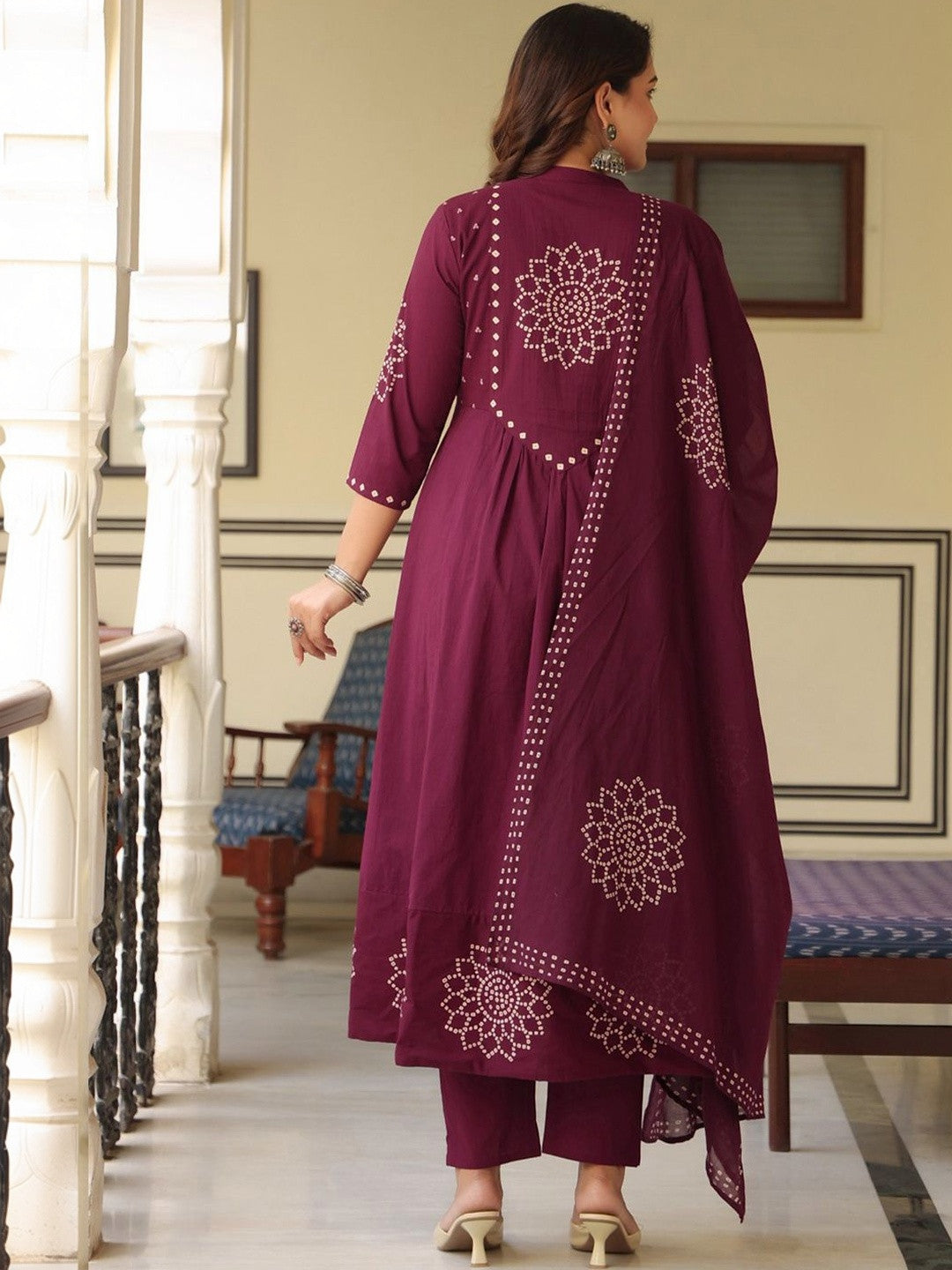 Women Ethnic Motifs Printed Empire Mirror Work Pure Cotton Kurta with Trousers & With Dupatta