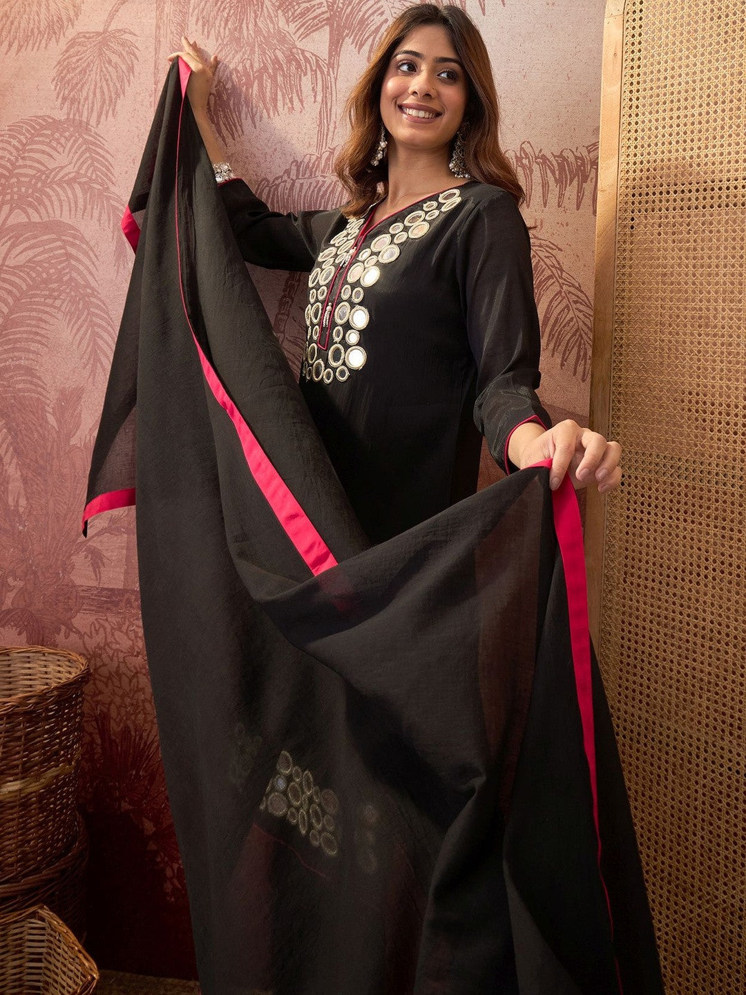 Embroidered Round Neck Kurta & Trousers With Dupatta