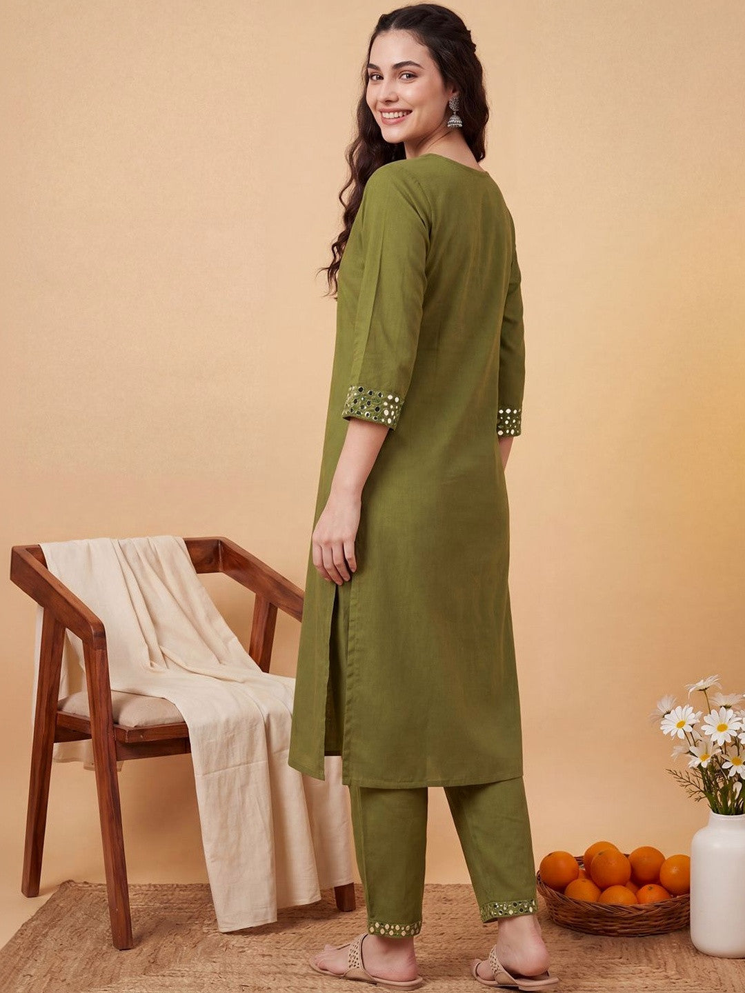 Women Regular Mirror Work Kurta with Trousers
