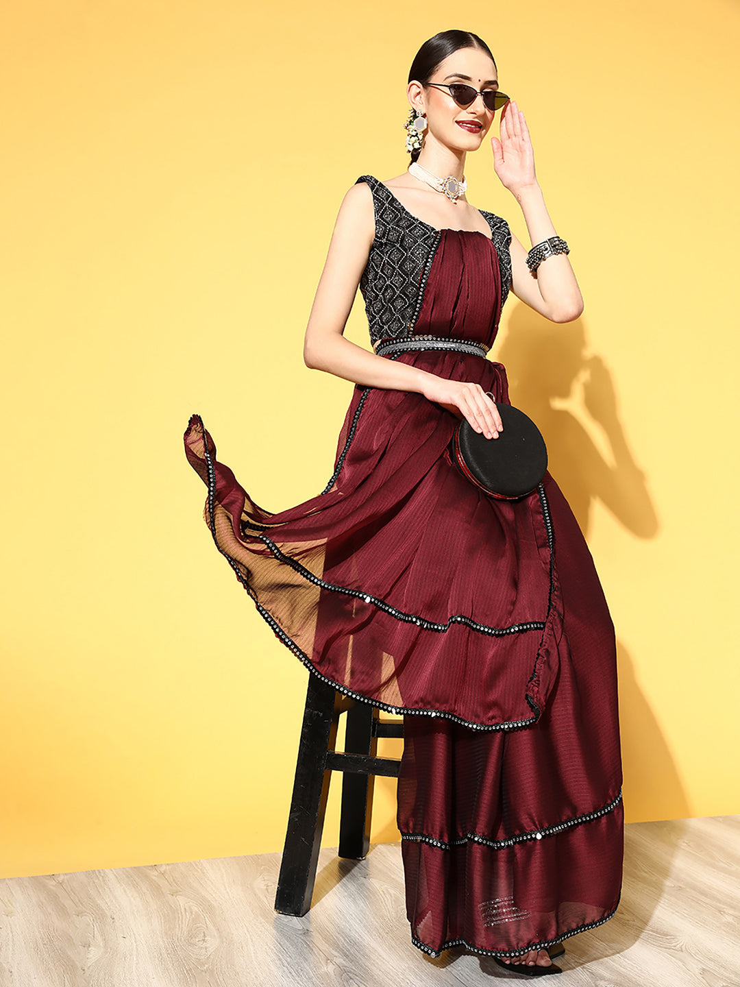 Women's Georgette Maroon Embellished Belted Sarees With Blouse Piece