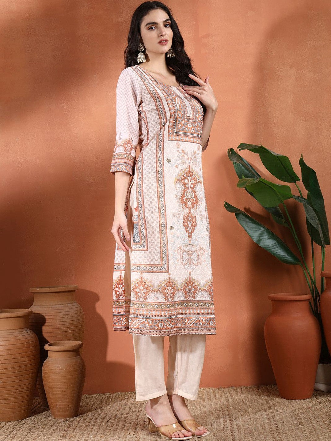 Ethnic Motifs Printed Pure Cotton Straight Kurta with Trouser & Dupatta