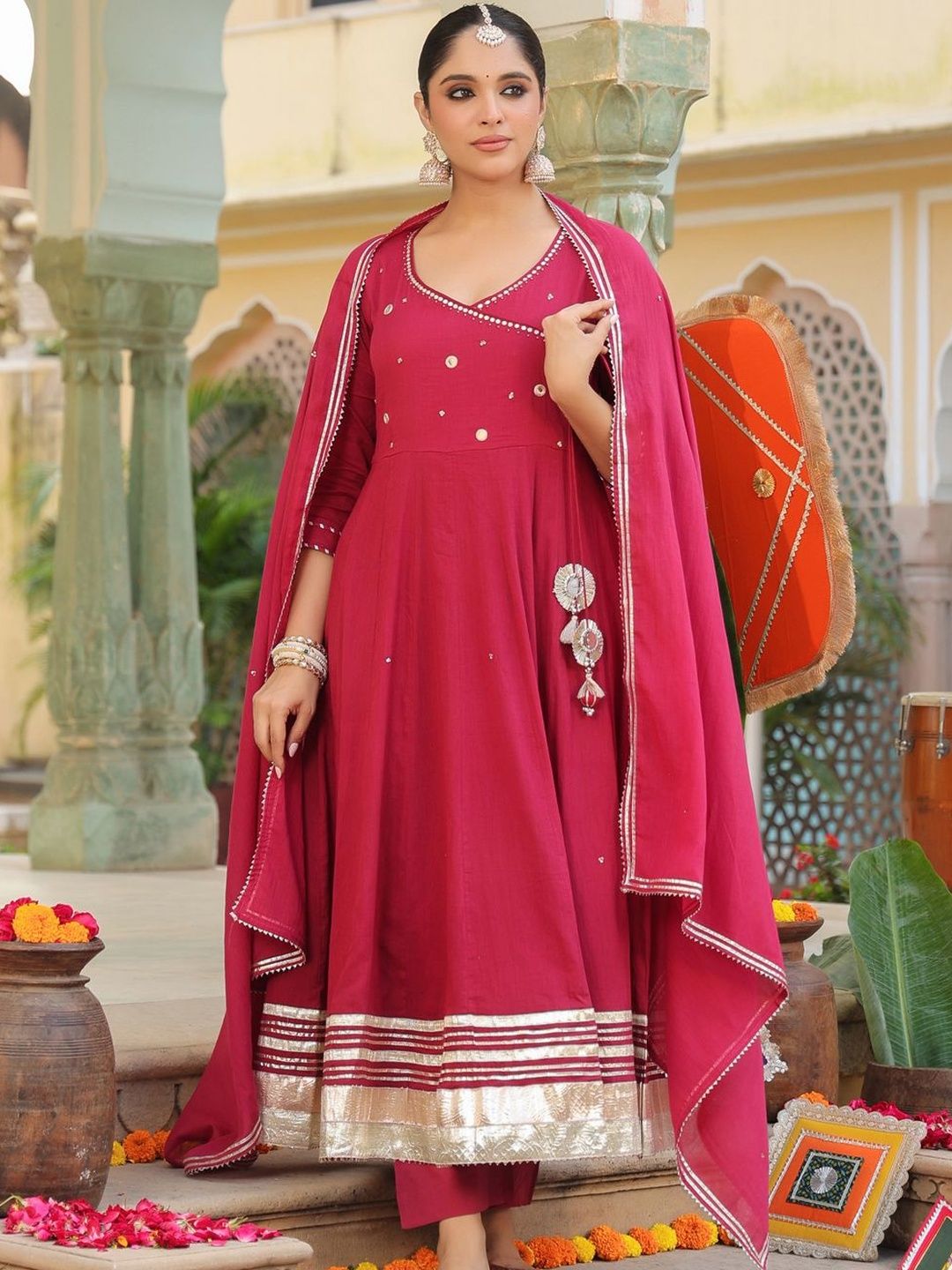 Dhiyona RR Women's Geometric Embroidered Anarkali Pure Cotton Kurta With Trousers & Dupatta
