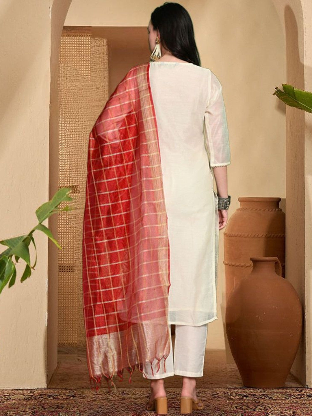 Ethnic Motifs Woven Design Zari Chanderi Cotton Kurta With Trousers & Dupatta