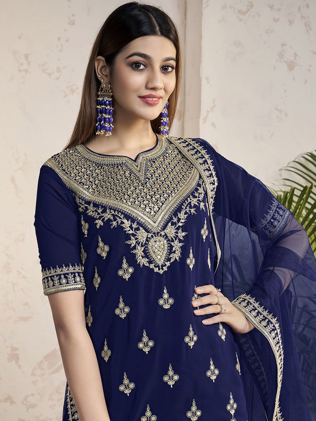 Dhiyona IN Women Ethnic Motifs Embroidered Regular Sequinned Kurta with Sharara & With Dupatta