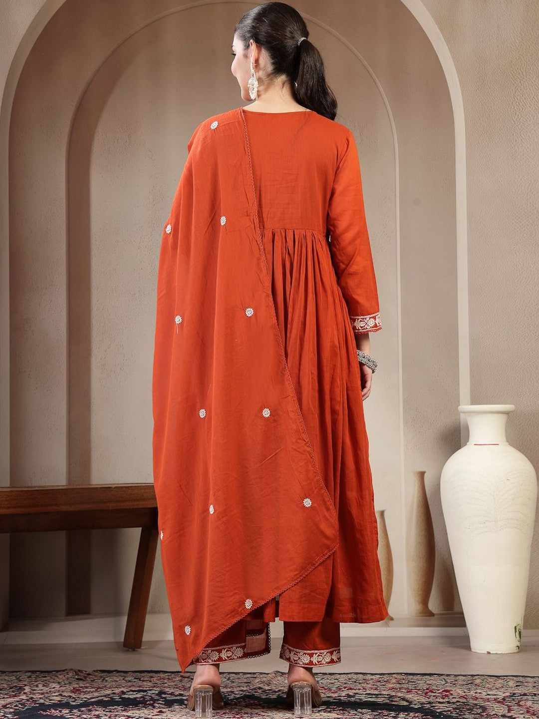 Pure Cotton Round Neck Kurta & Trousers With Dupatta