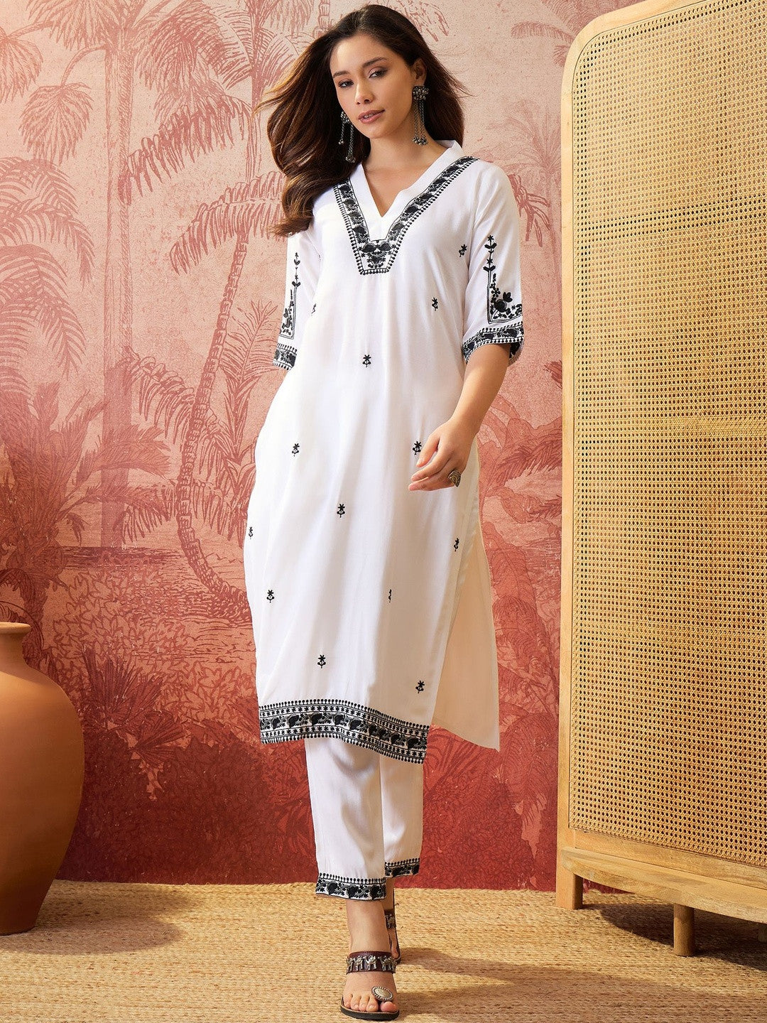 Embroidered V-Neck Kurta & Trousers Kurta Sets
