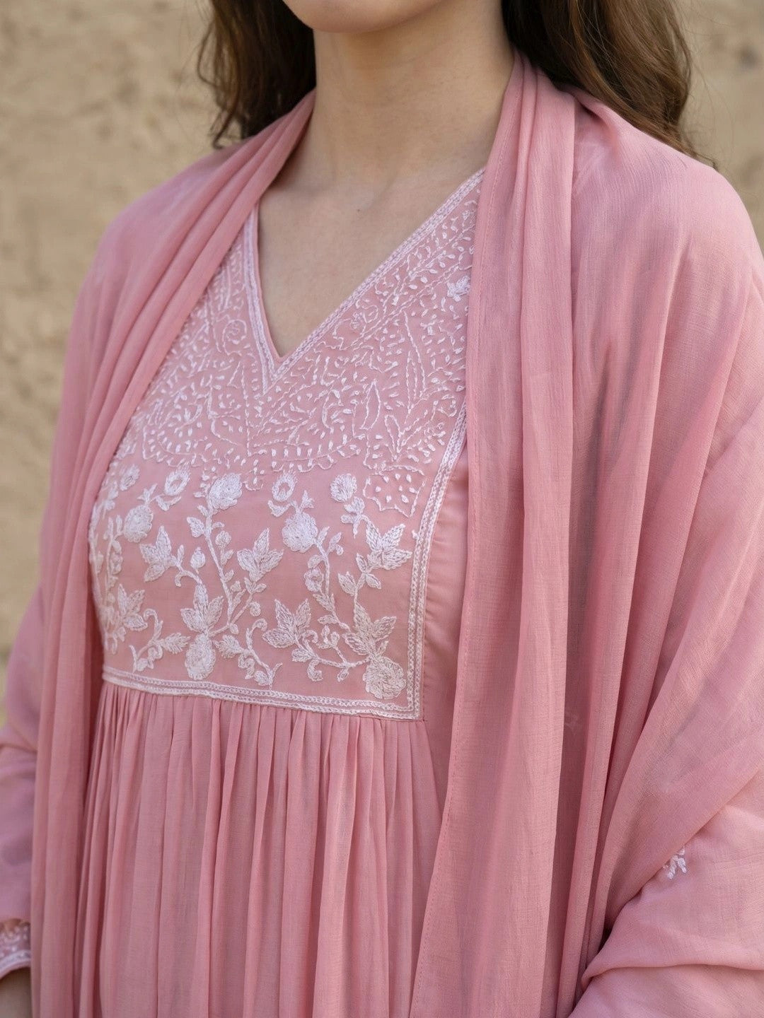 Women Ethnic Motifs Embroidered Empire Chikankari Kurta with Trousers & With Dupatta