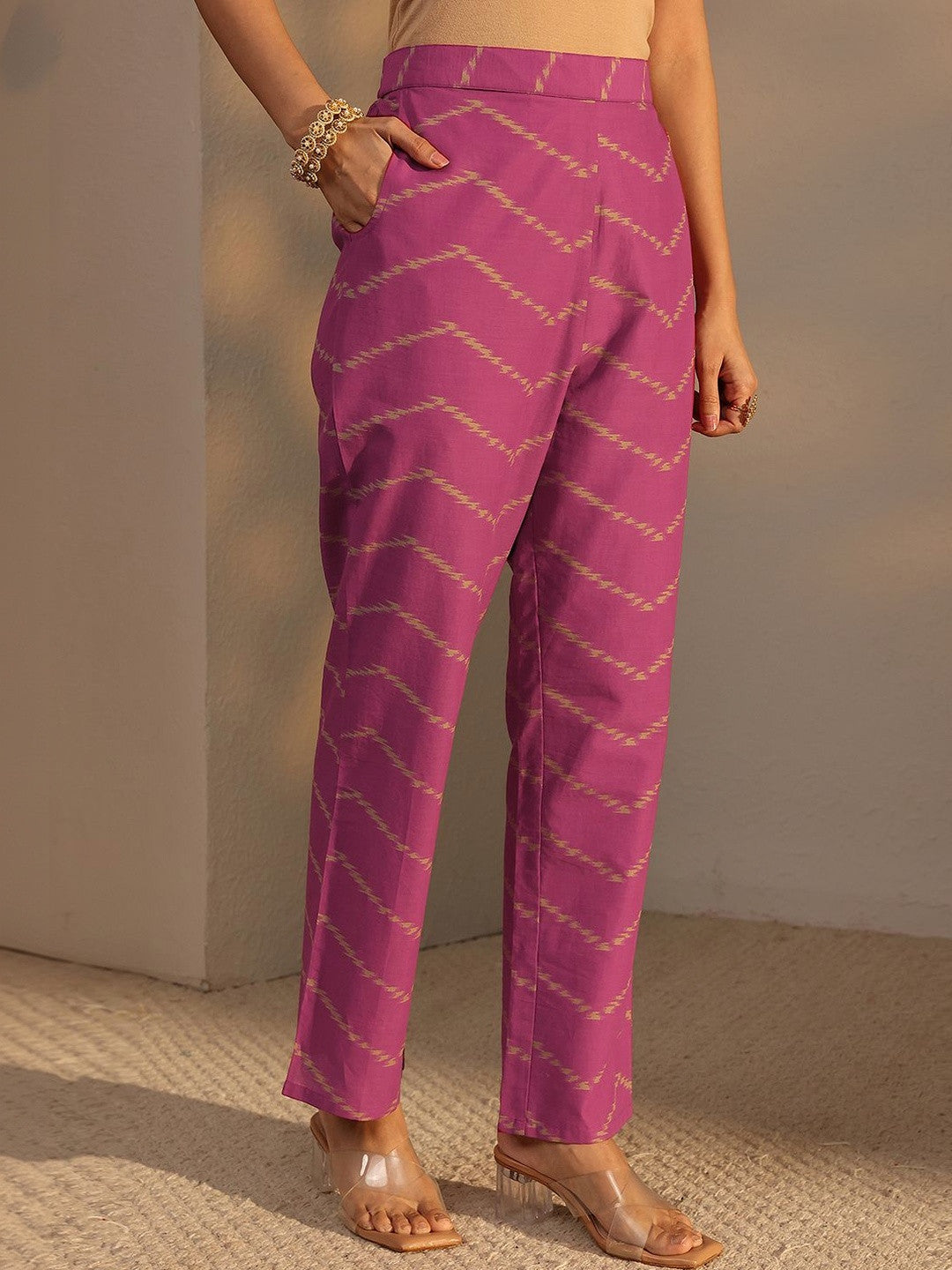 Purple Printed Cotton Straight Suit Set with Dupatta