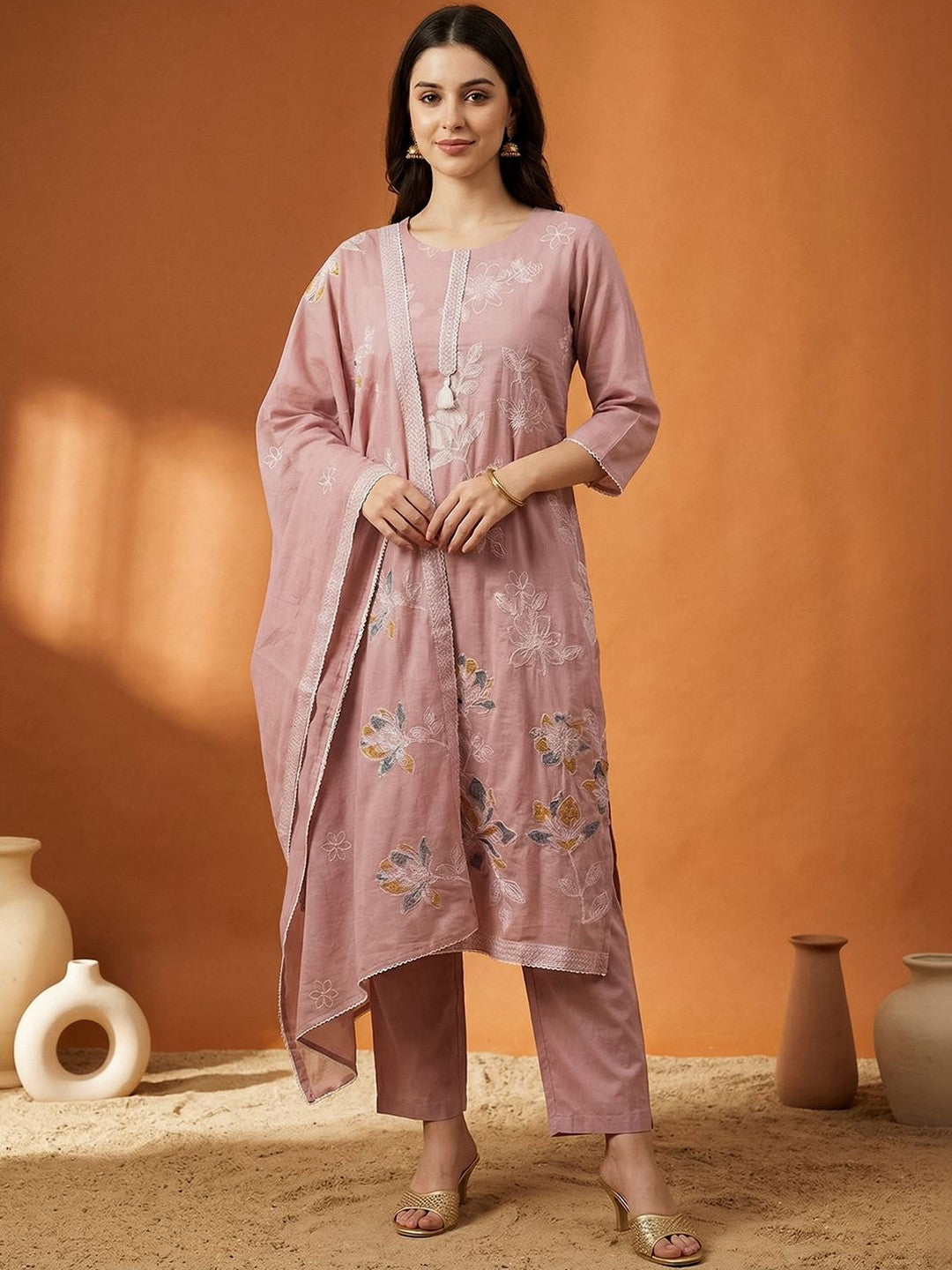 Pink Embroidered Straight Kurta Trousers Dupatta Set Kurta Sets