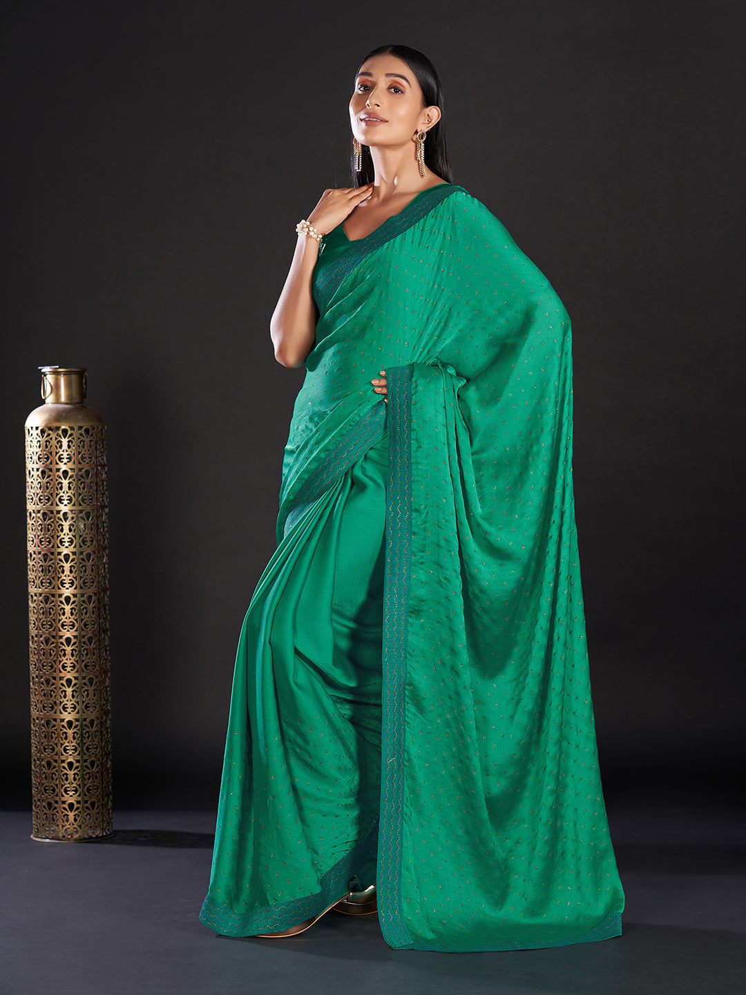 Women's Satin Sea Green Embellished Designer Saree With Blouse Piece