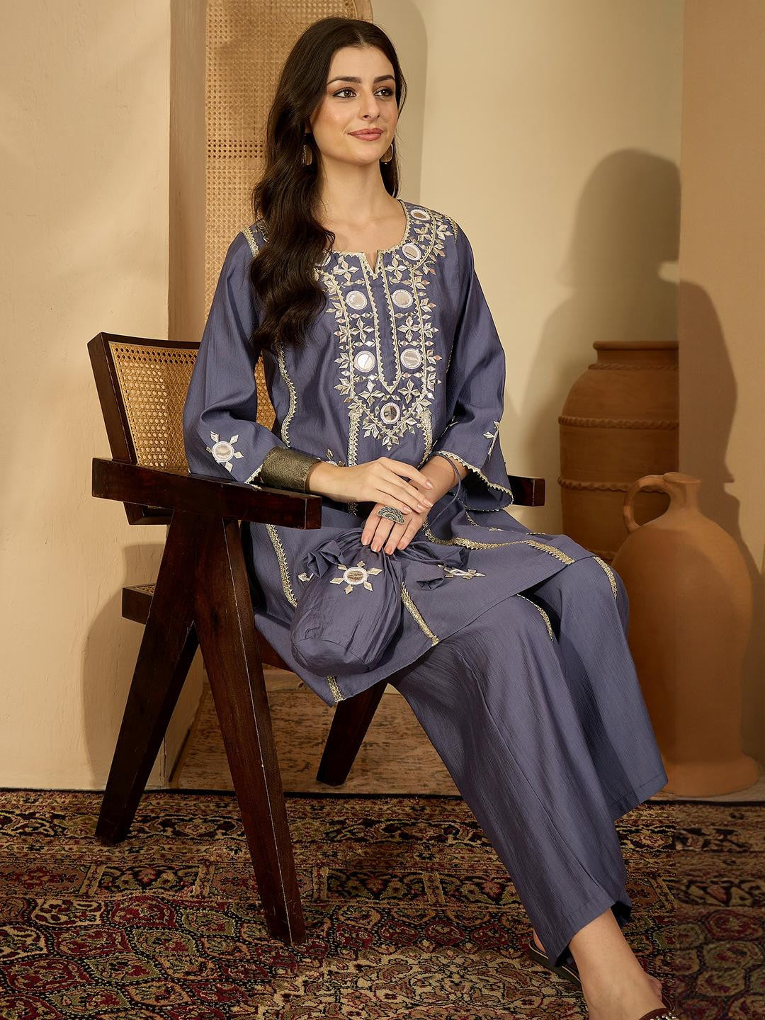 Women Purple Silk Blend Kurta Sets