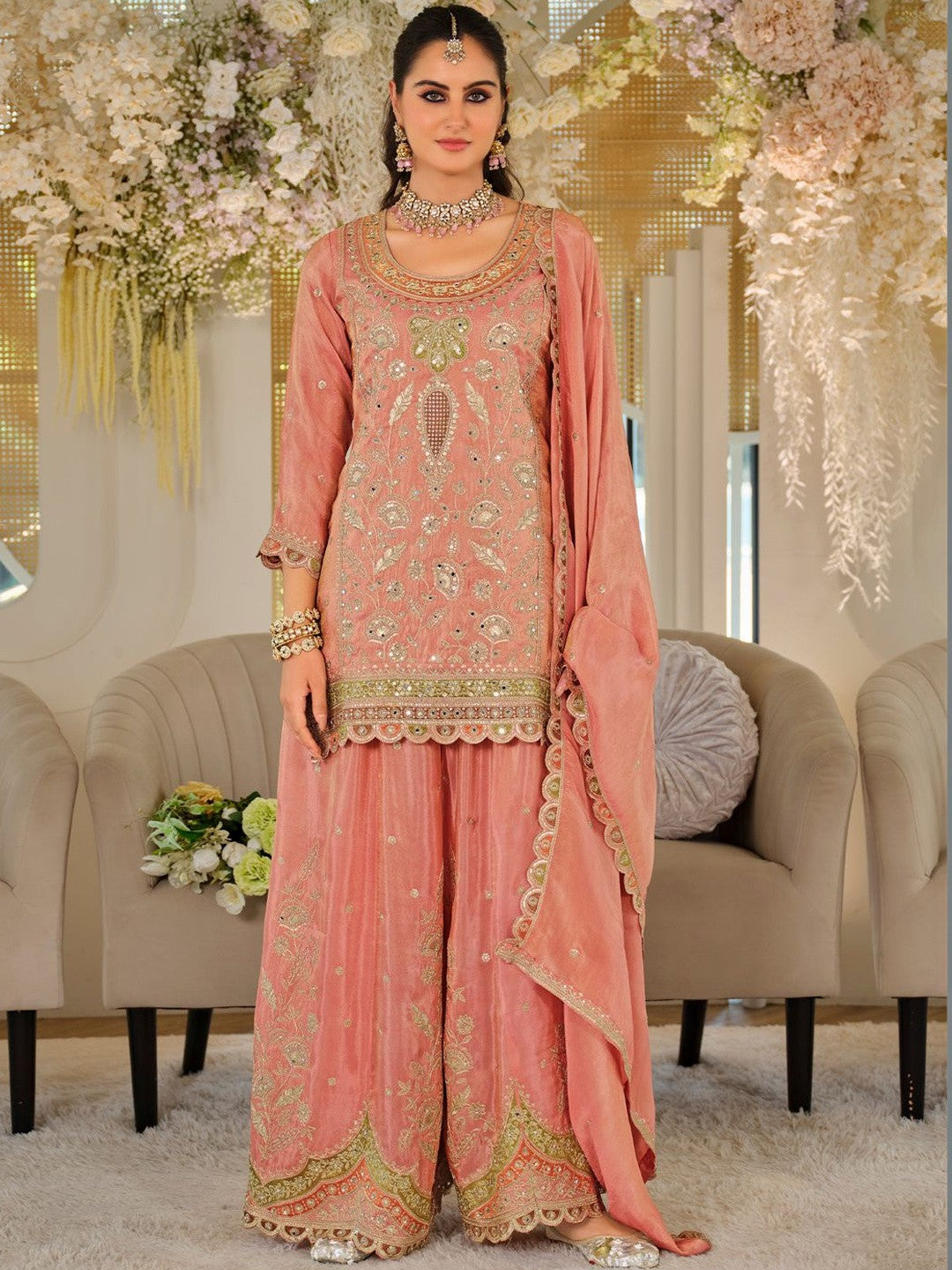 Women Ethnic Motifs Embroidered Regular Thread Work Kurta with Sharara & With Dupatta