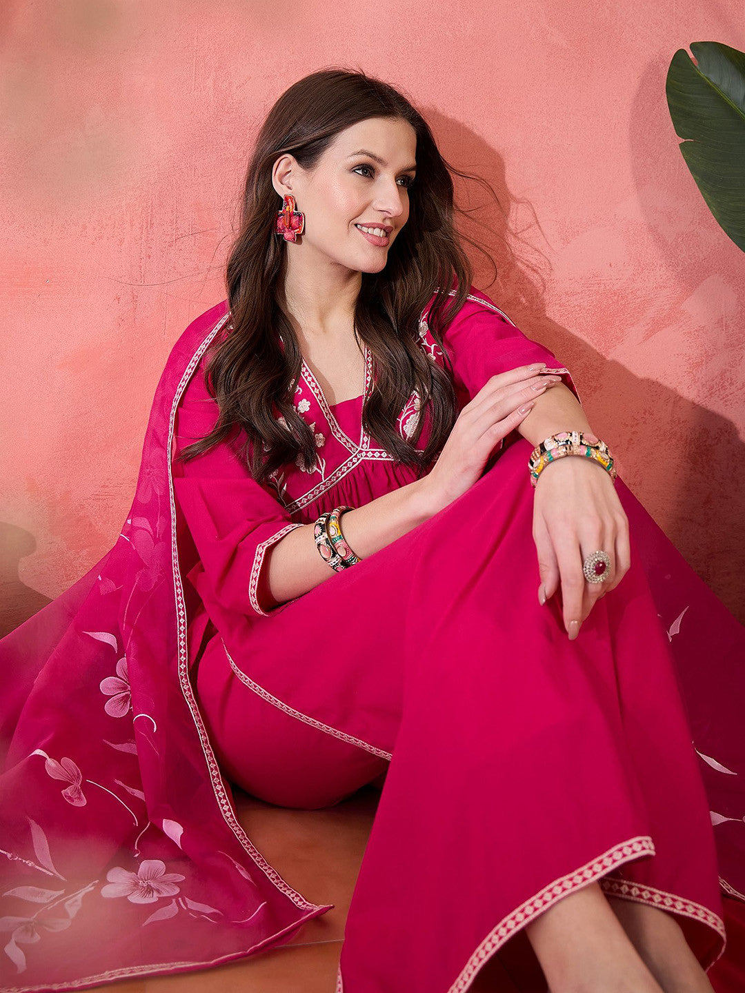Pink Floral Yoke Design Empire V-Neck Pure Cotton Kurta With Trouser And Dupatta