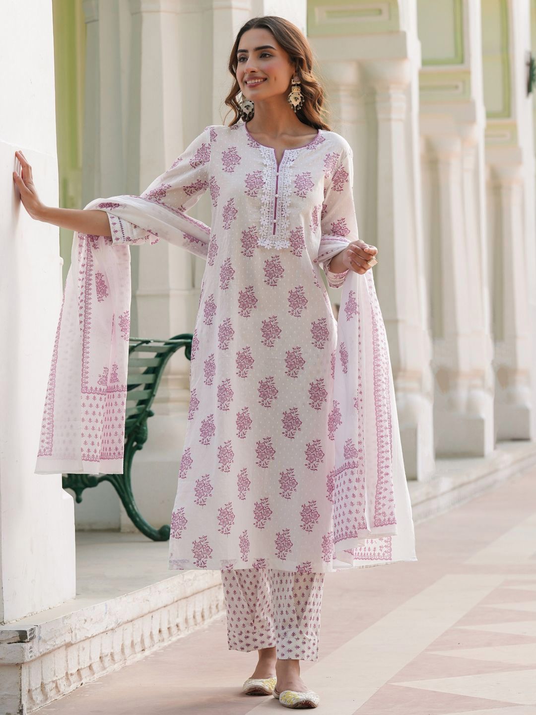 Dhiyona RR Women's Floral Printed Cotton Kurta with Trousers & Dupatta