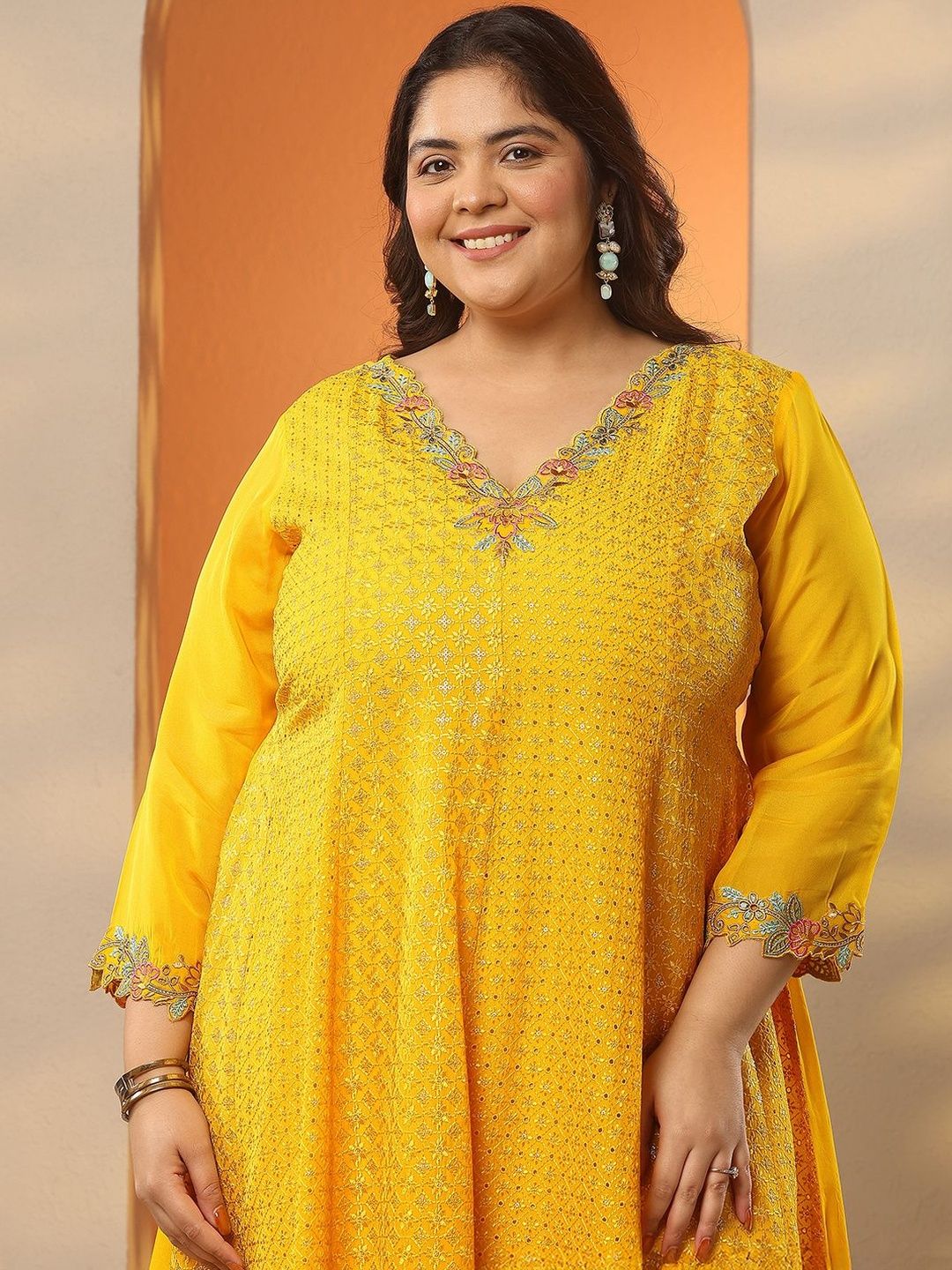 Dhiyona Women's Embroidered Thread Work Plus Size A-Line Kurta With Palazzos & Dupatta