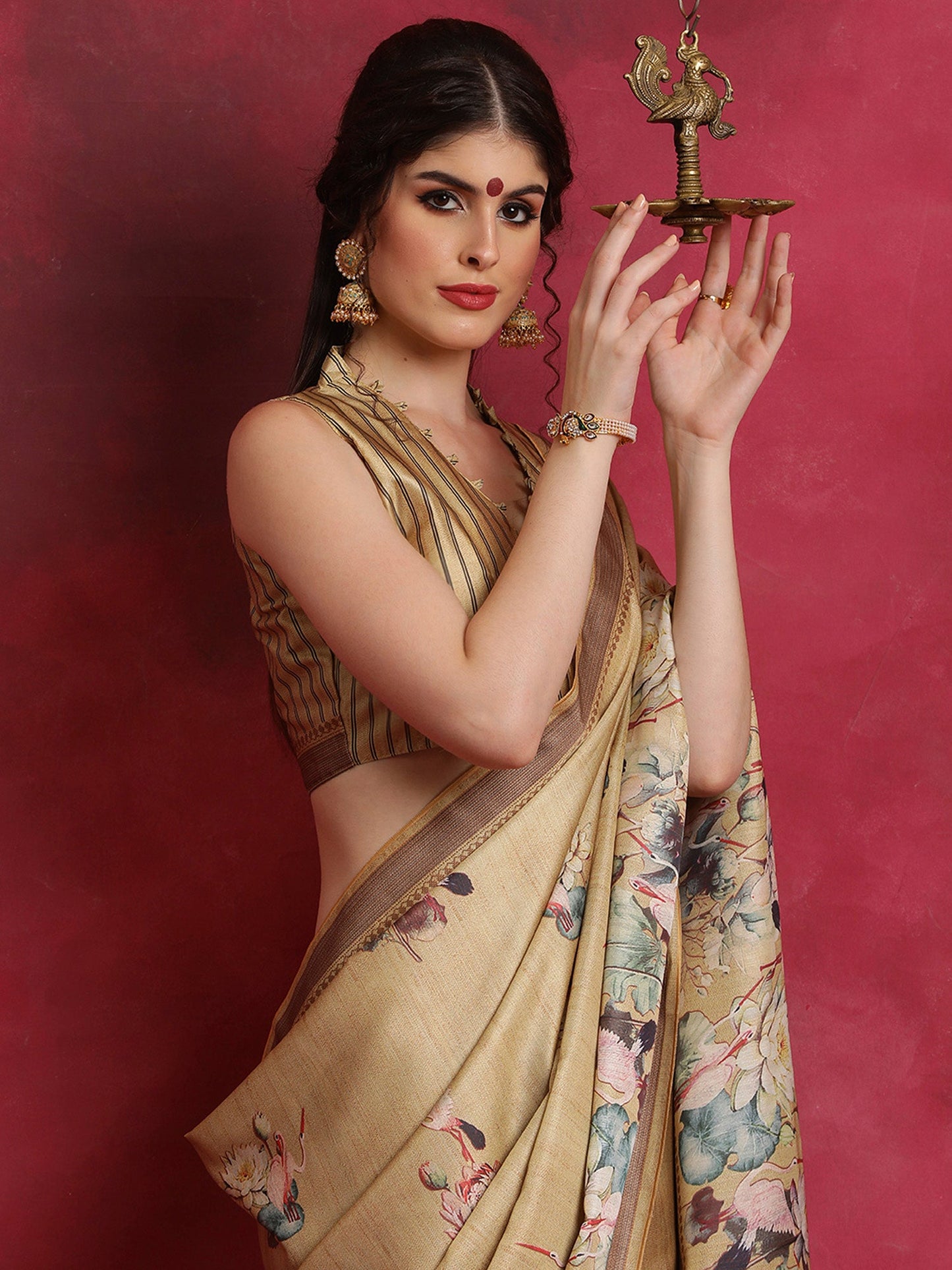 Women's Cotton Blend Beige Printed Designer Saree With Blouse Piece