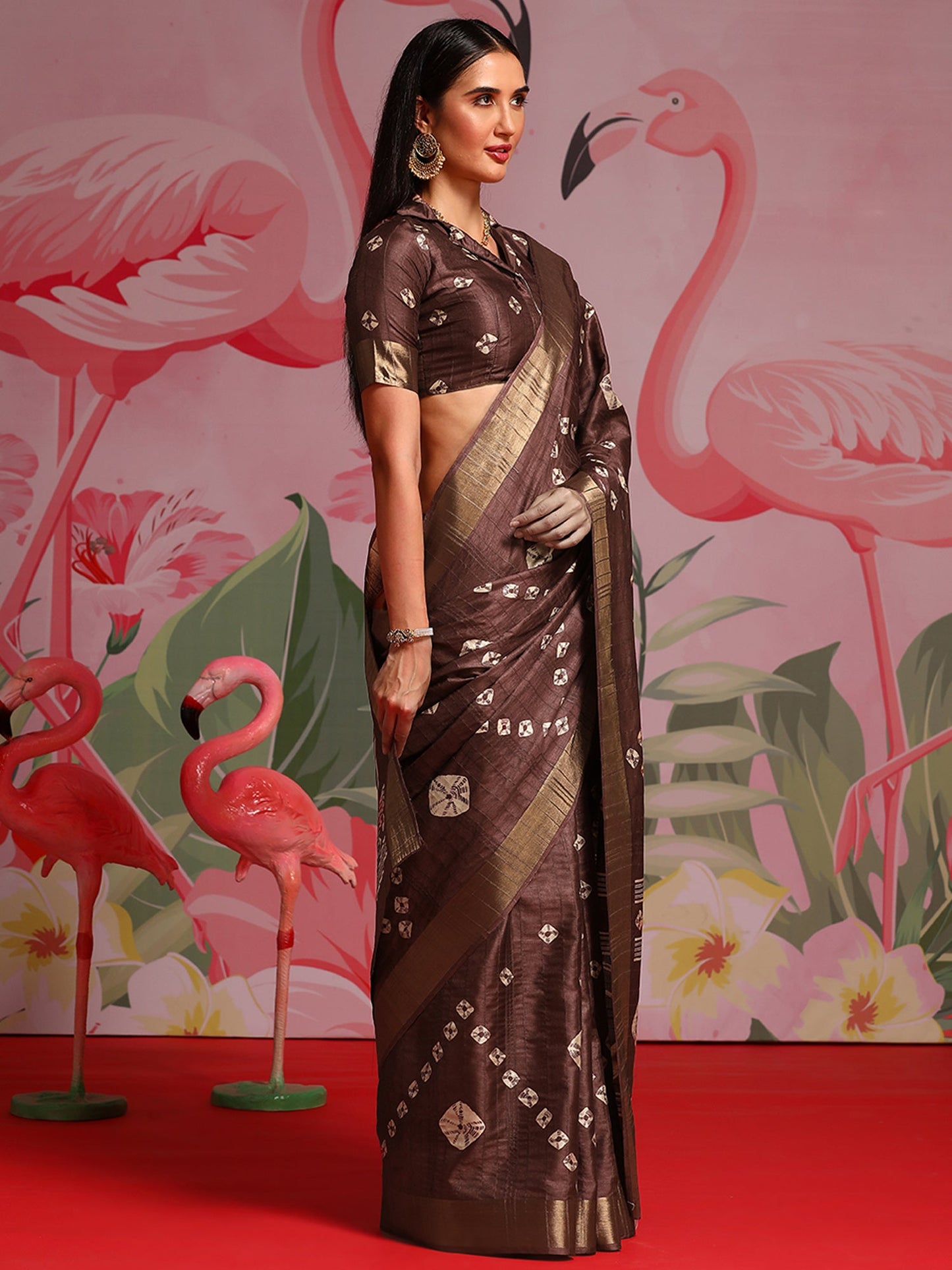 Women's Silk Blend Coffee Brown Printed Designer Saree With Blouse Piece