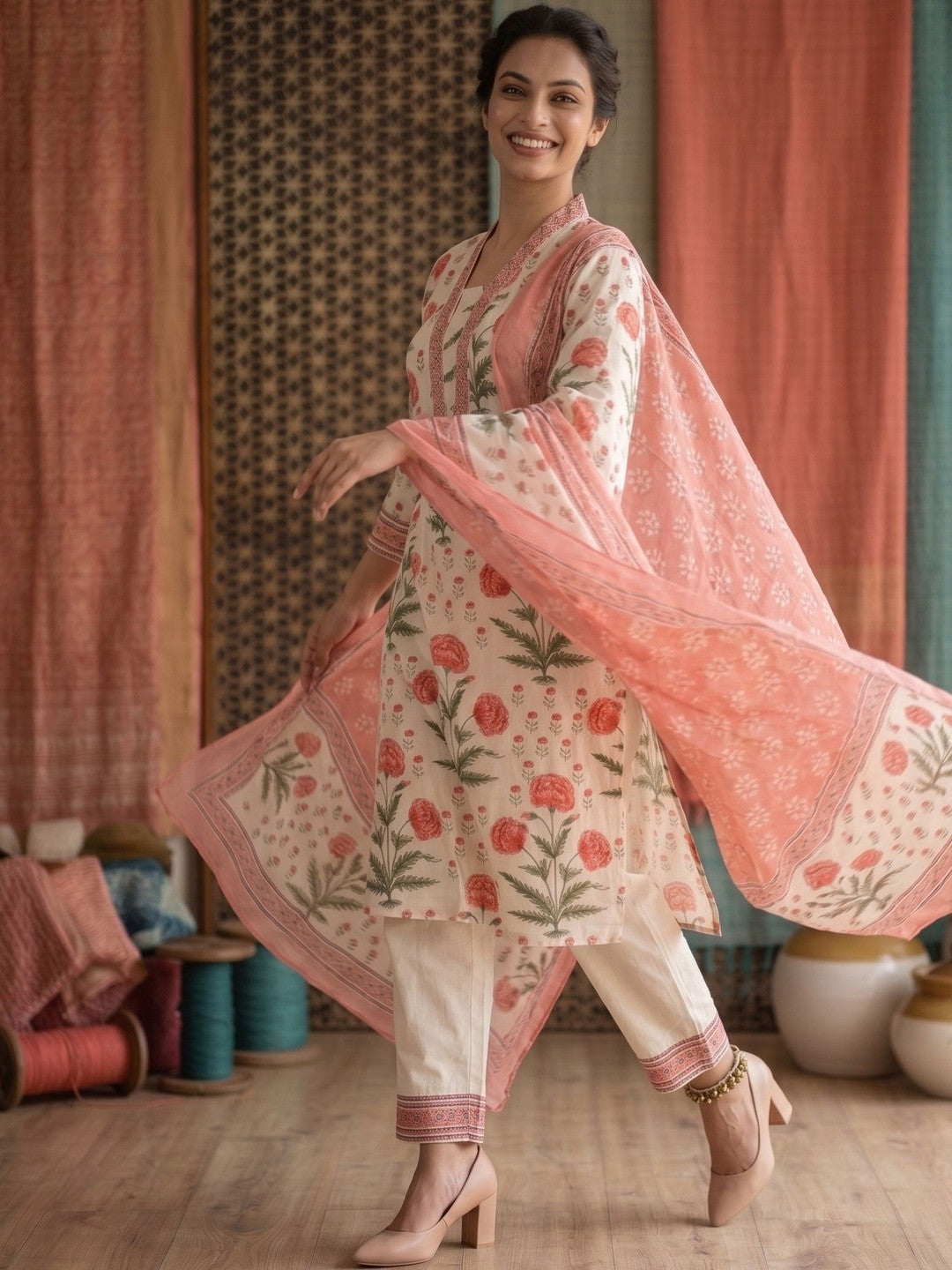 Embroidered Pure Cotton U-Neck Kurta With Palazzos With Dupatta