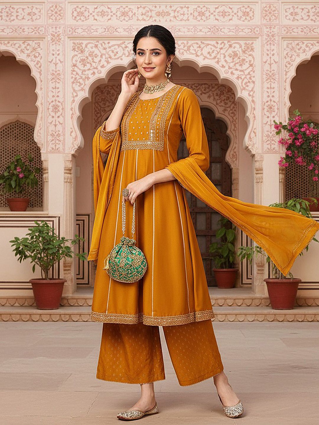 Dhiyona KL Floral Embroidered Empire Mirror Work Anarkali Kurta With Palazzos & Dupatta