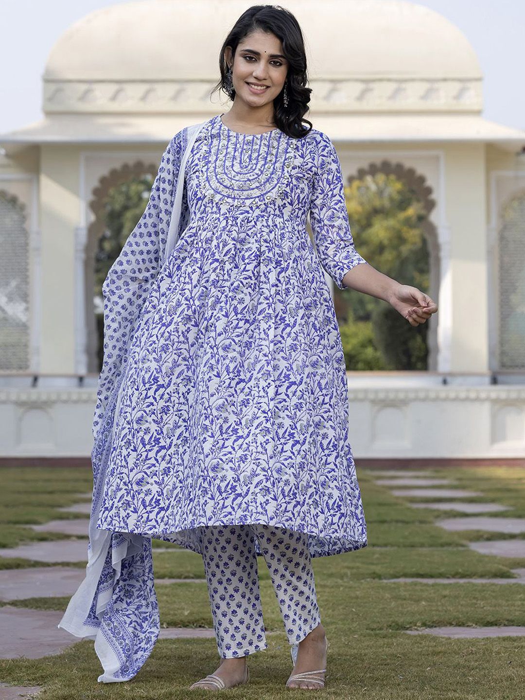 Dhiyona KL Floral Printed Gotta Patti Pure Cotton Anarkali Kurta With Trouser & Dupatta