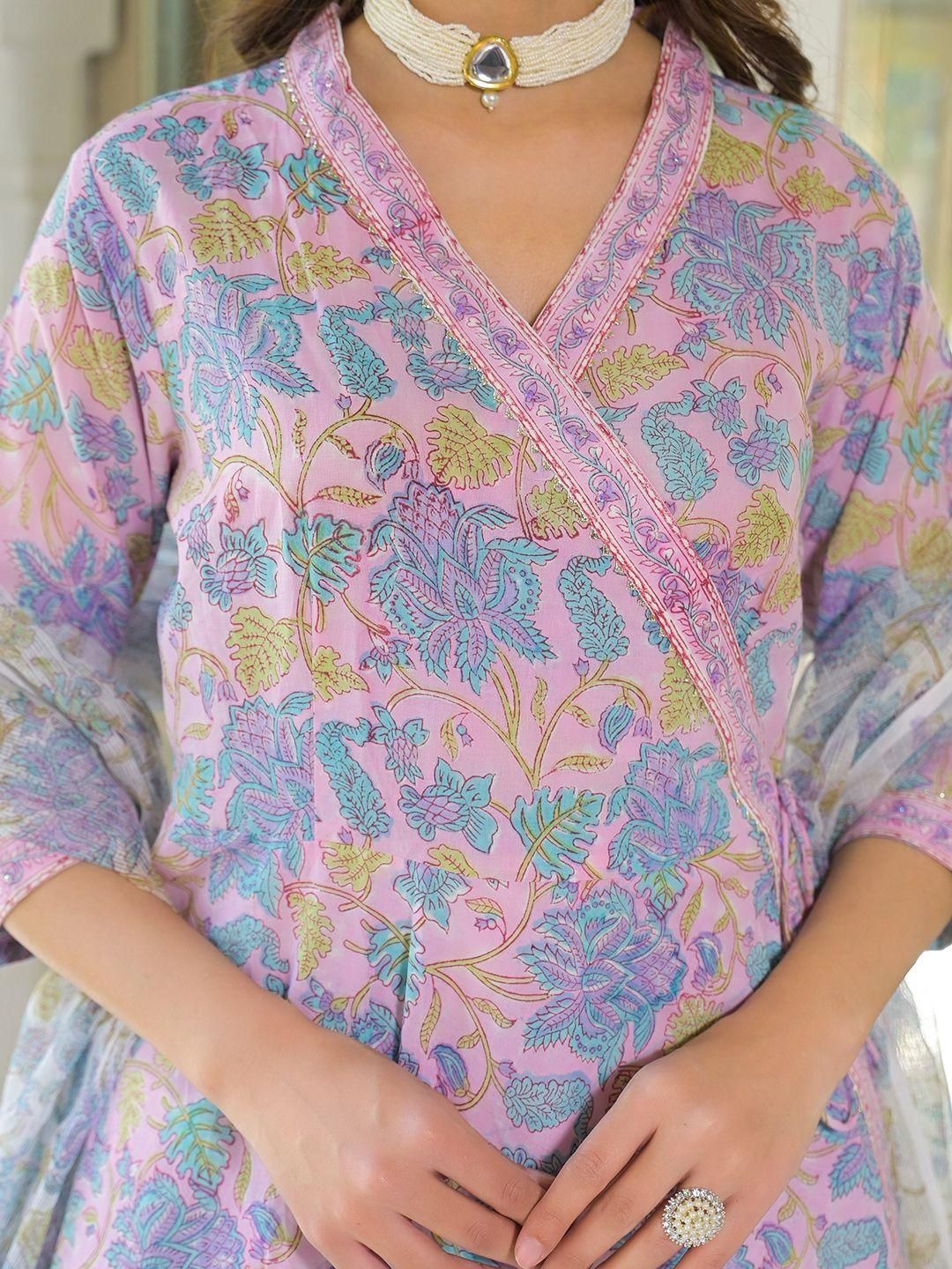 Dhiyona KL Women Floral Printed Angrakha Gotta Patti Pure Cotton Kurta with Palazzos & With Dupatta