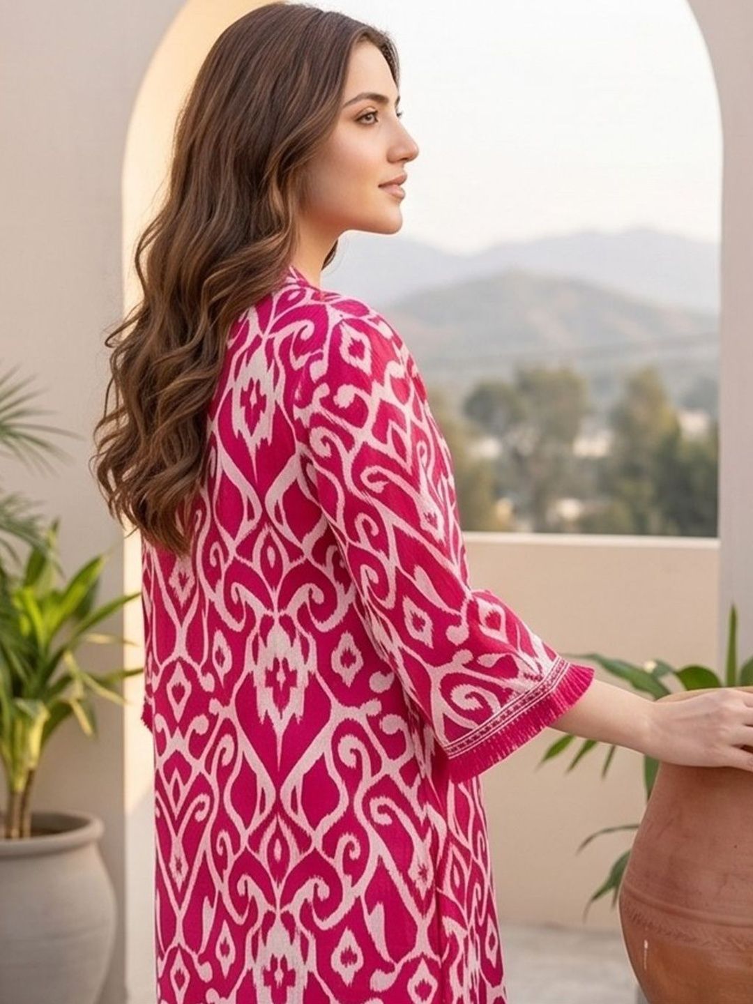 Pink Women Ethnic Motifs Printed Regular Thread Work Pure Cotton Kurta with Trousers