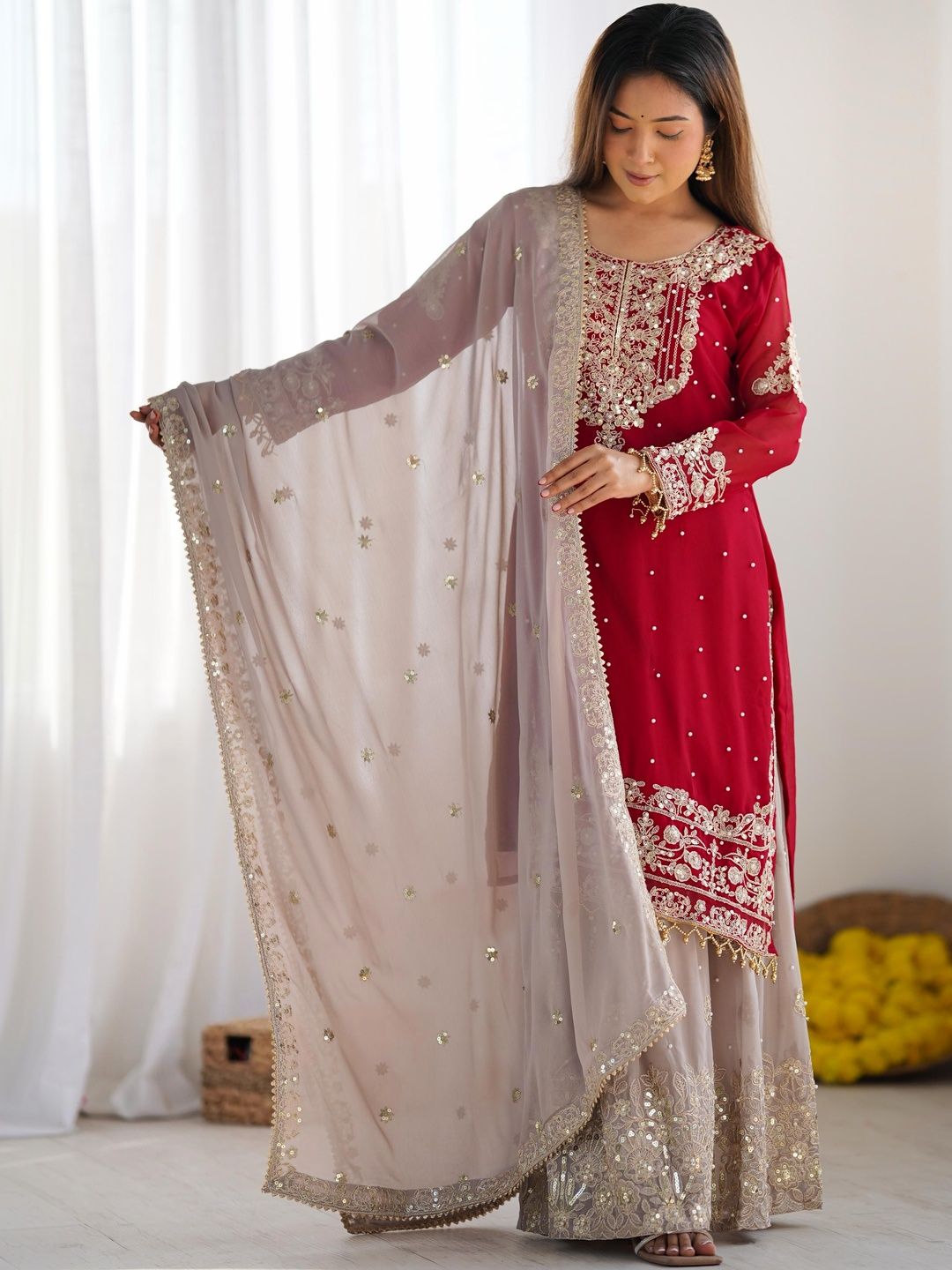 Dhiyona KL Women Ethnic Motifs Embroidered Regular Kurta with Sharara & With Dupatta