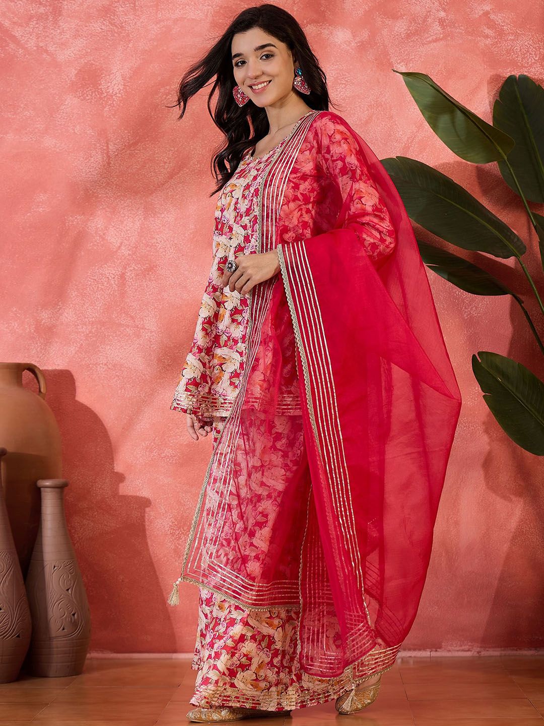 Dhiyona SN Floral Printed Gota Patti Anarkali Kurti With Sharara Dupatta