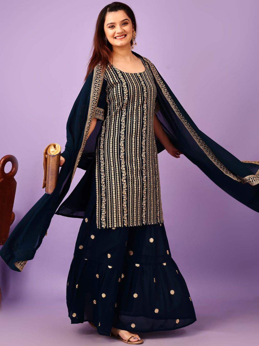 Dhiyona KL Floral Embroidered Georgette Straight Kurta with Sharara & Dupatta