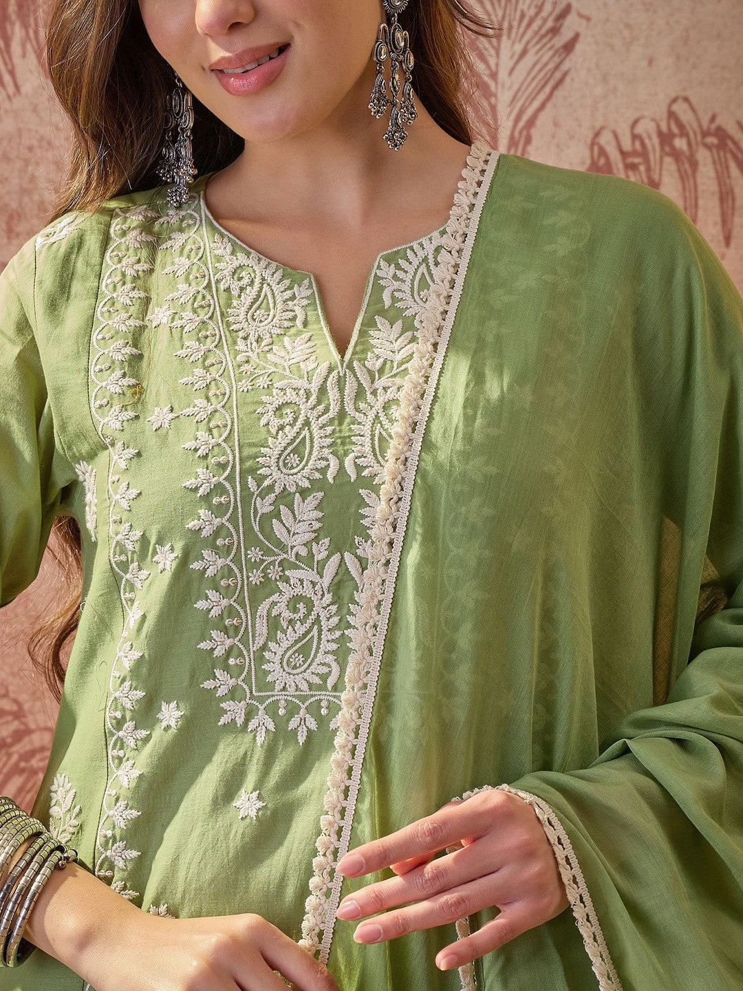 Embroidered Round Neck Kurta & Trousers With Dupatta